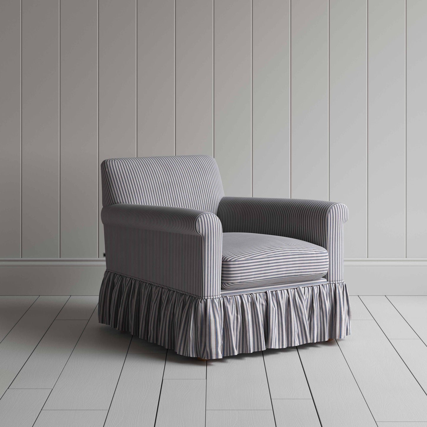 Curtain Call Armchair in Ticking Cotton, Blue Brown - Nicola Harding