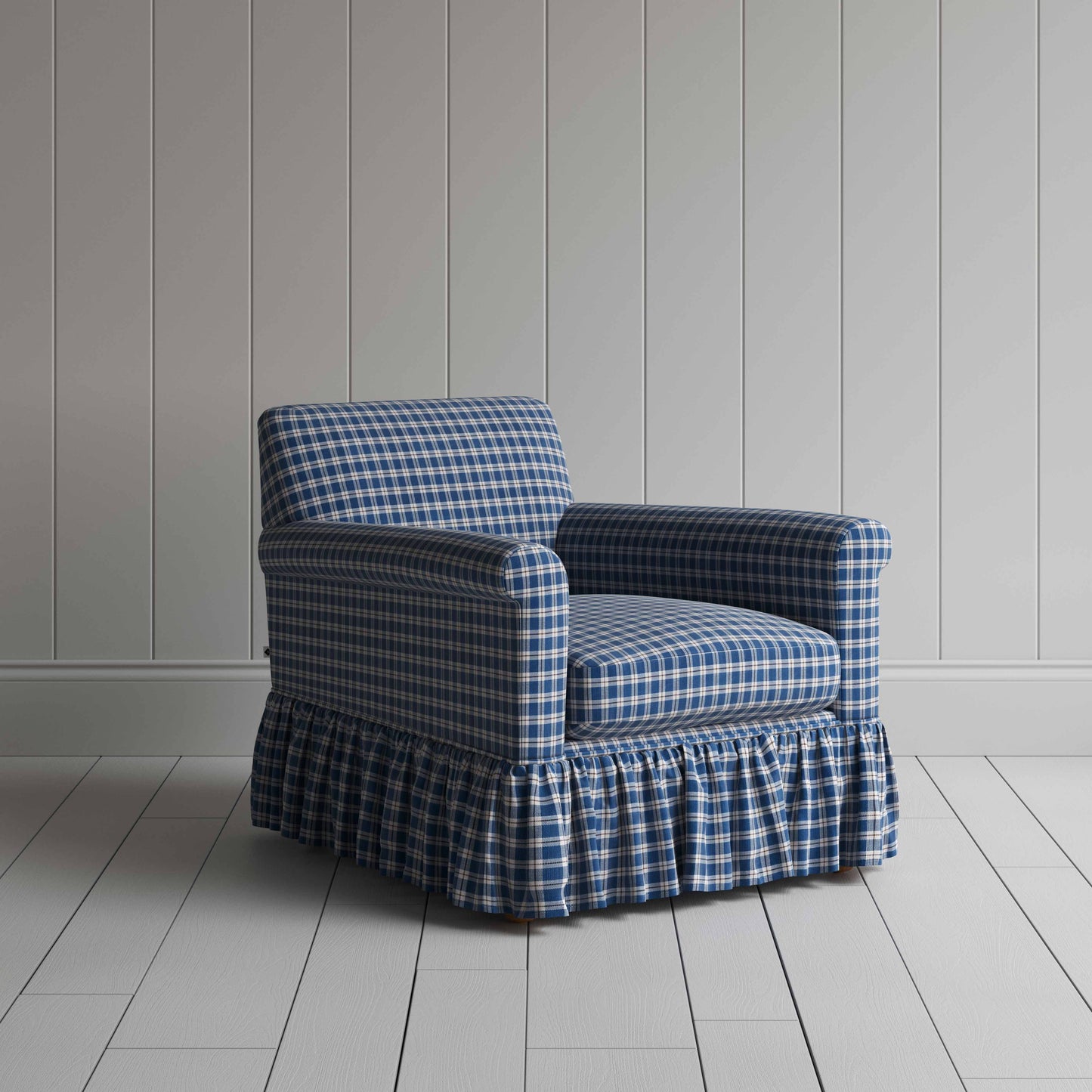 Curtain Call Armchair in Well Plaid Cotton, Blue Brown - Nicola Harding