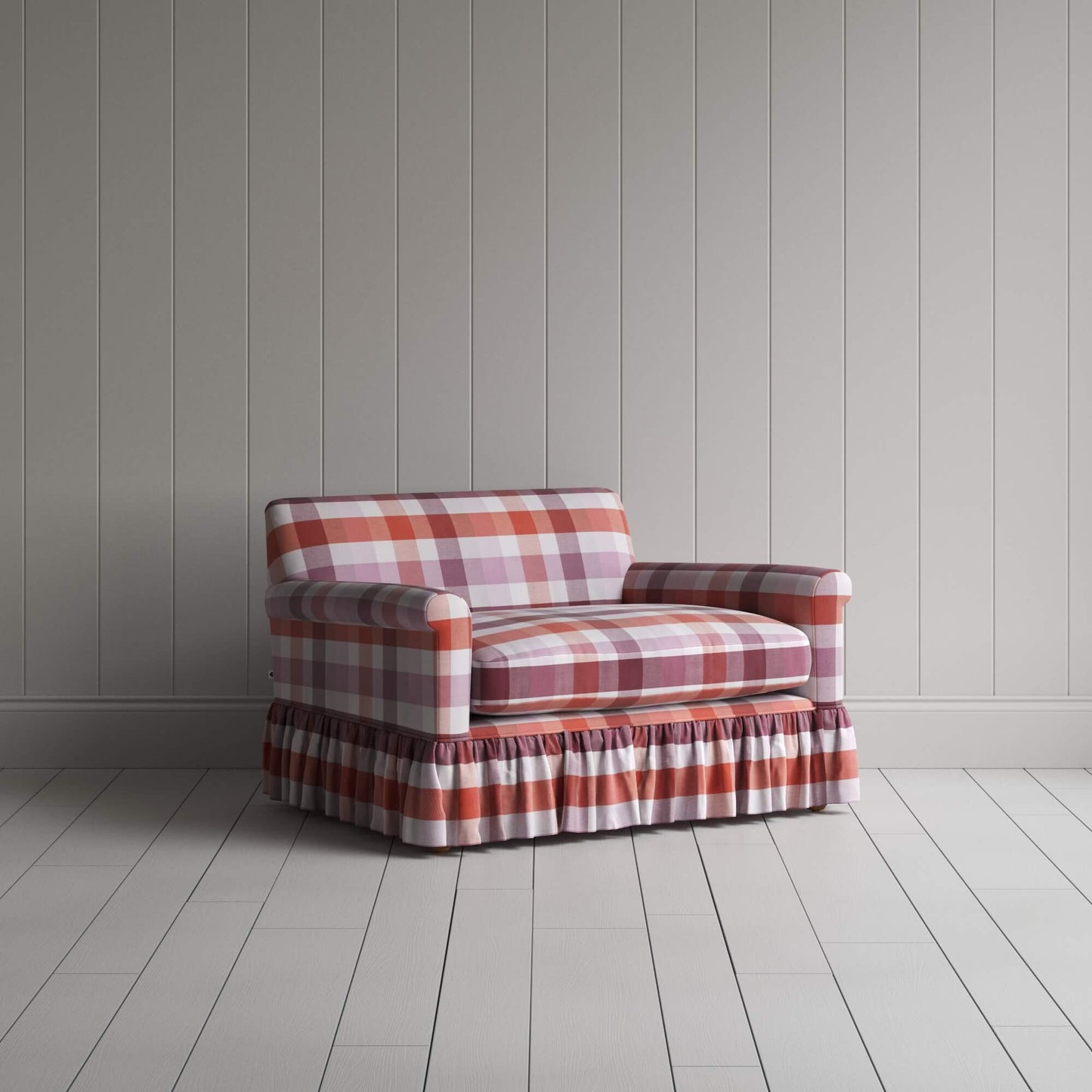 Curtain Call Love Seat in Checkmate Cotton, Berry - Nicola Harding