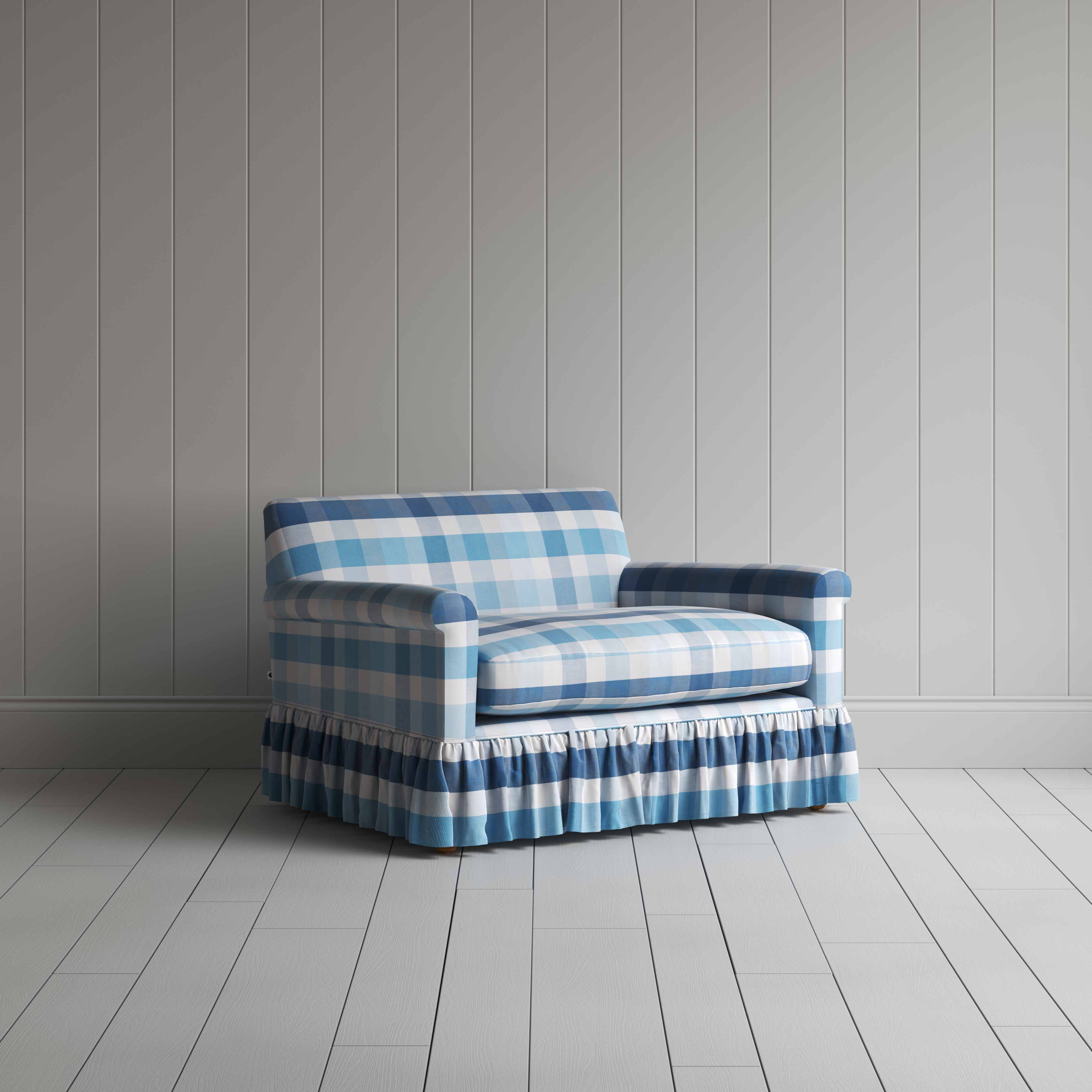  Curtain Call Love Seat in Checkmate Cotton, Blue - Nicola Harding 