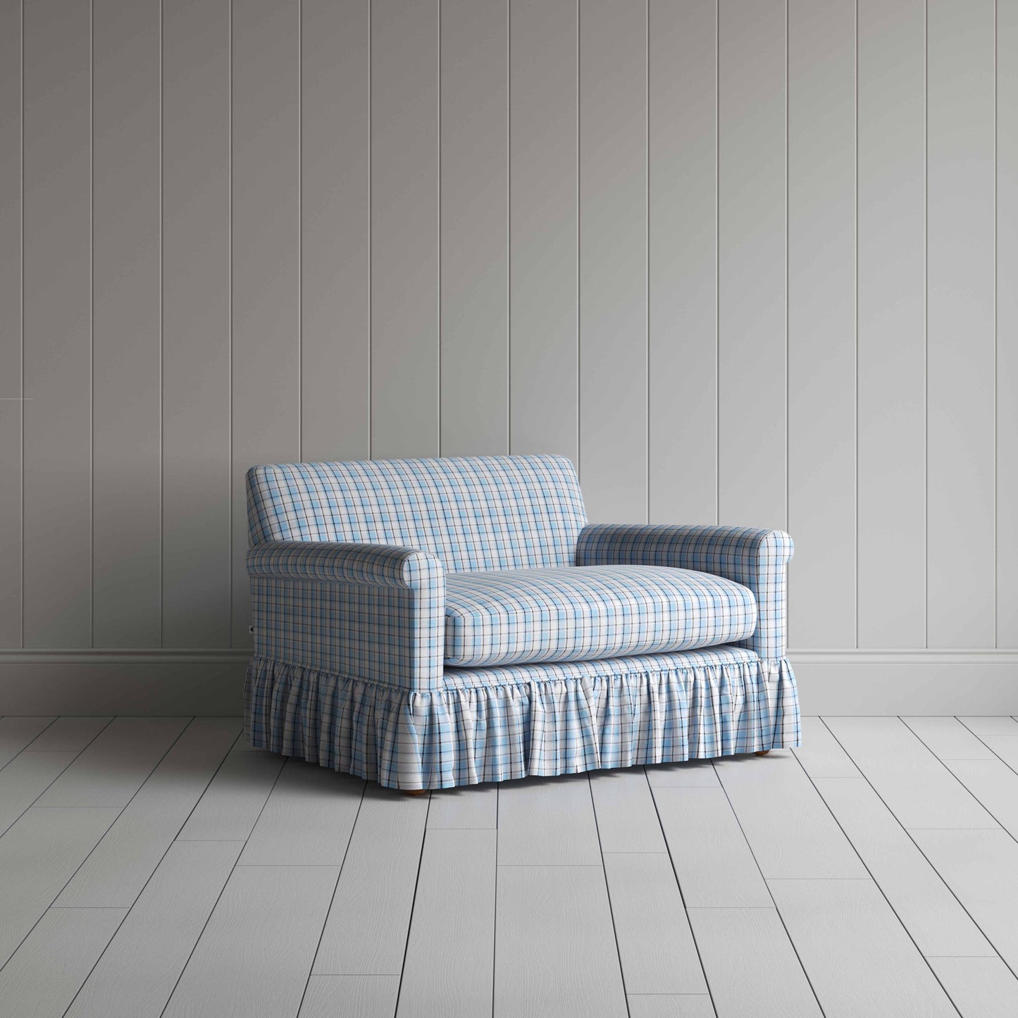 Curtain Call Love Seat in Square Deal Cotton, Blue Brown - Nicola Harding