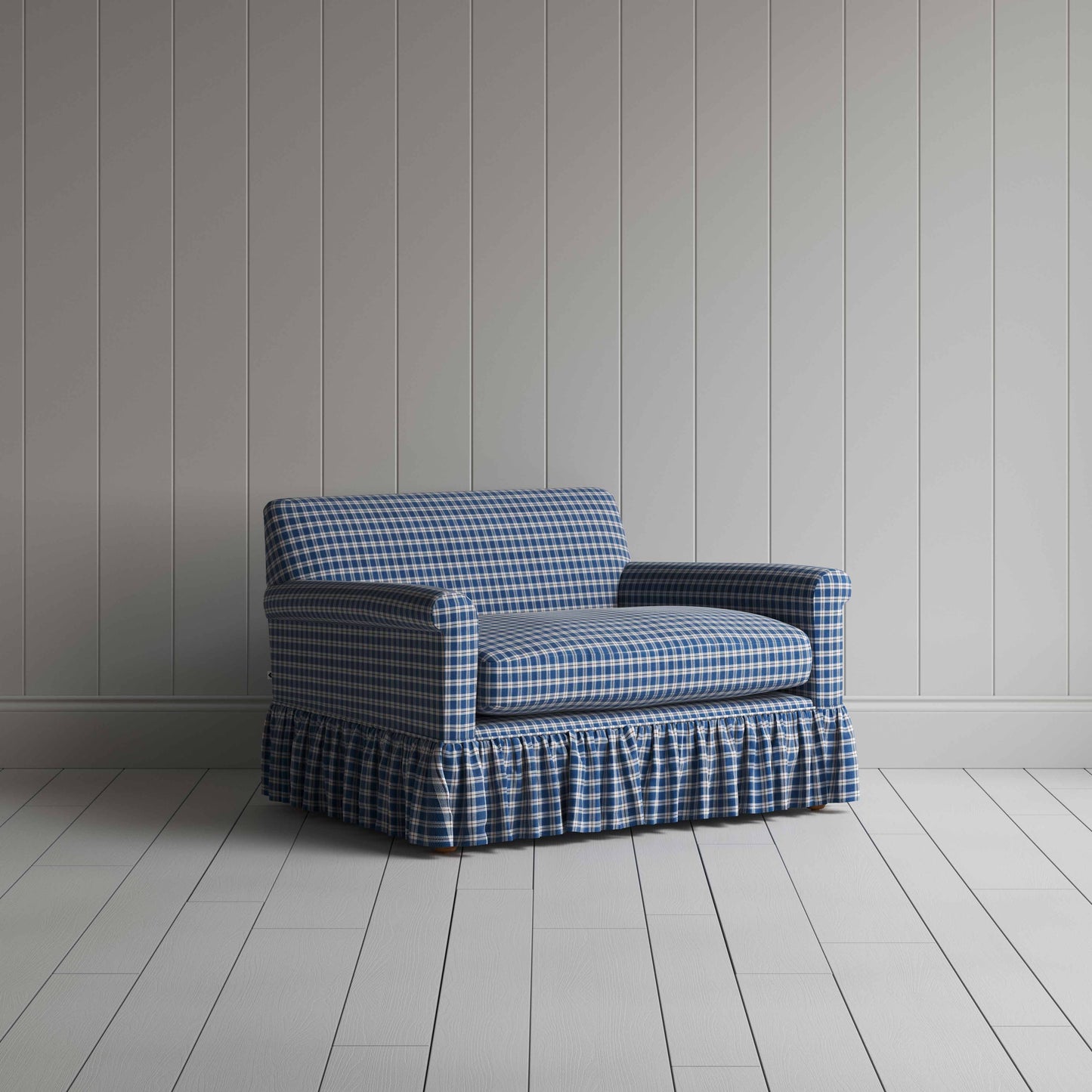 Curtain Call Love Seat in Well Plaid Cotton, Blue Brown - Nicola Harding