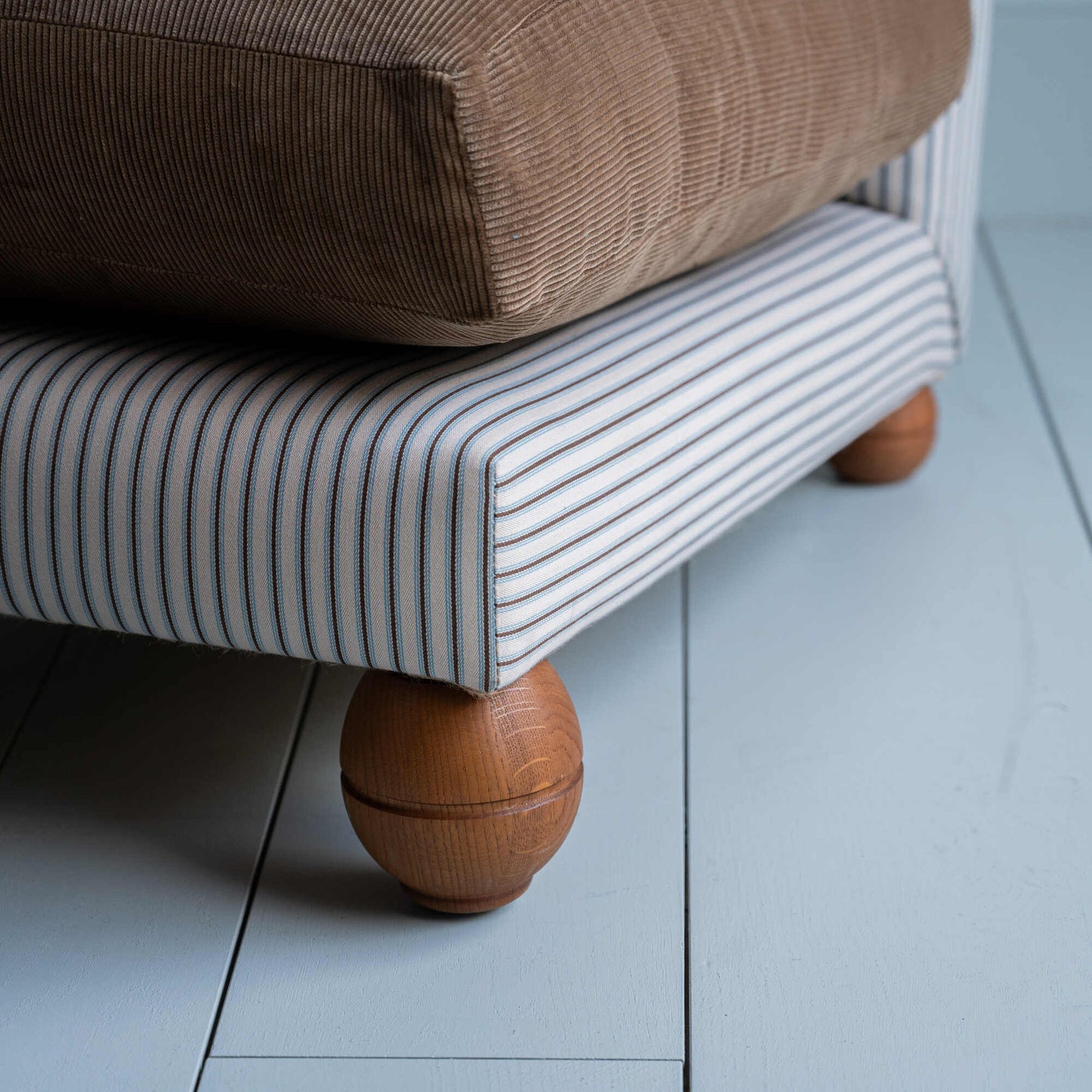 Perch Slipper Armchair in Ticking Aqua Brown Frame with Classic Corduroy Stone Beige Seat and Well Plaid Cotton Back