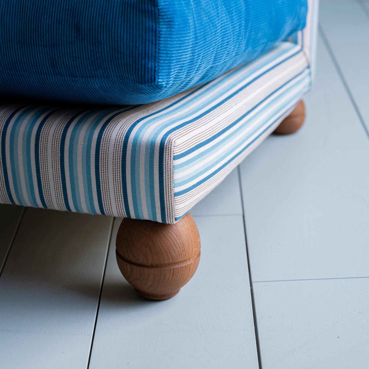 Perch Slipper Armchair in Slow Lane Blue Frame and Classic Corduroy Harbour Blue Seat
