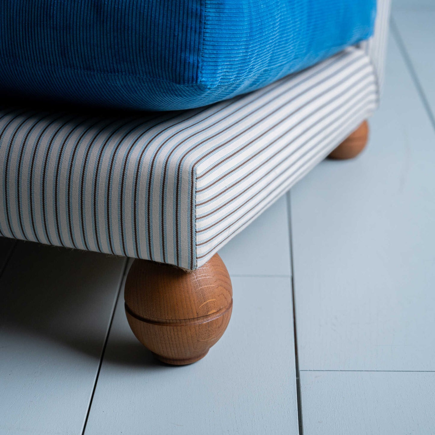Perch Slipper Armchair in Ticking Aqua Brown Frame and Classic Corduroy Harbour Blue Seat