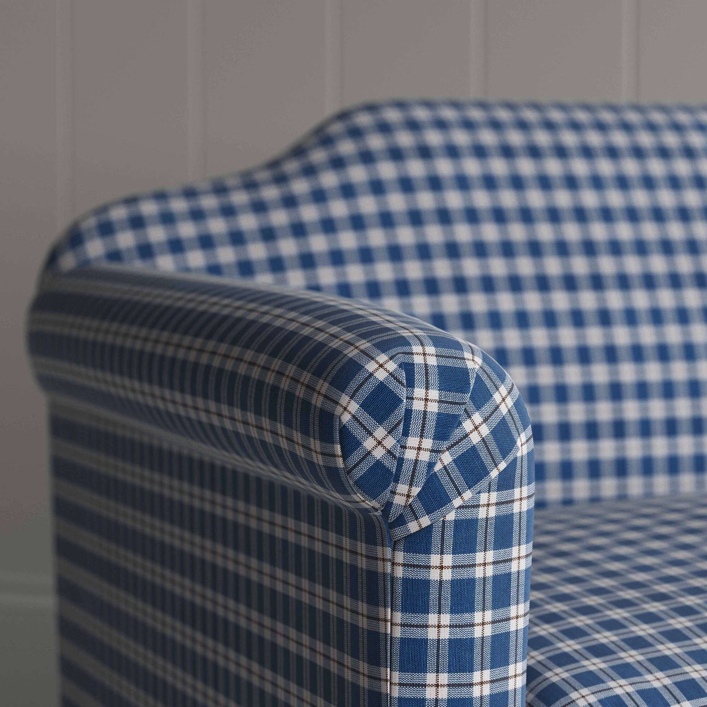 Dolittle in Well Plaid Cotton, Blue Brown. Arm Design Closeup - Nicola Harding
