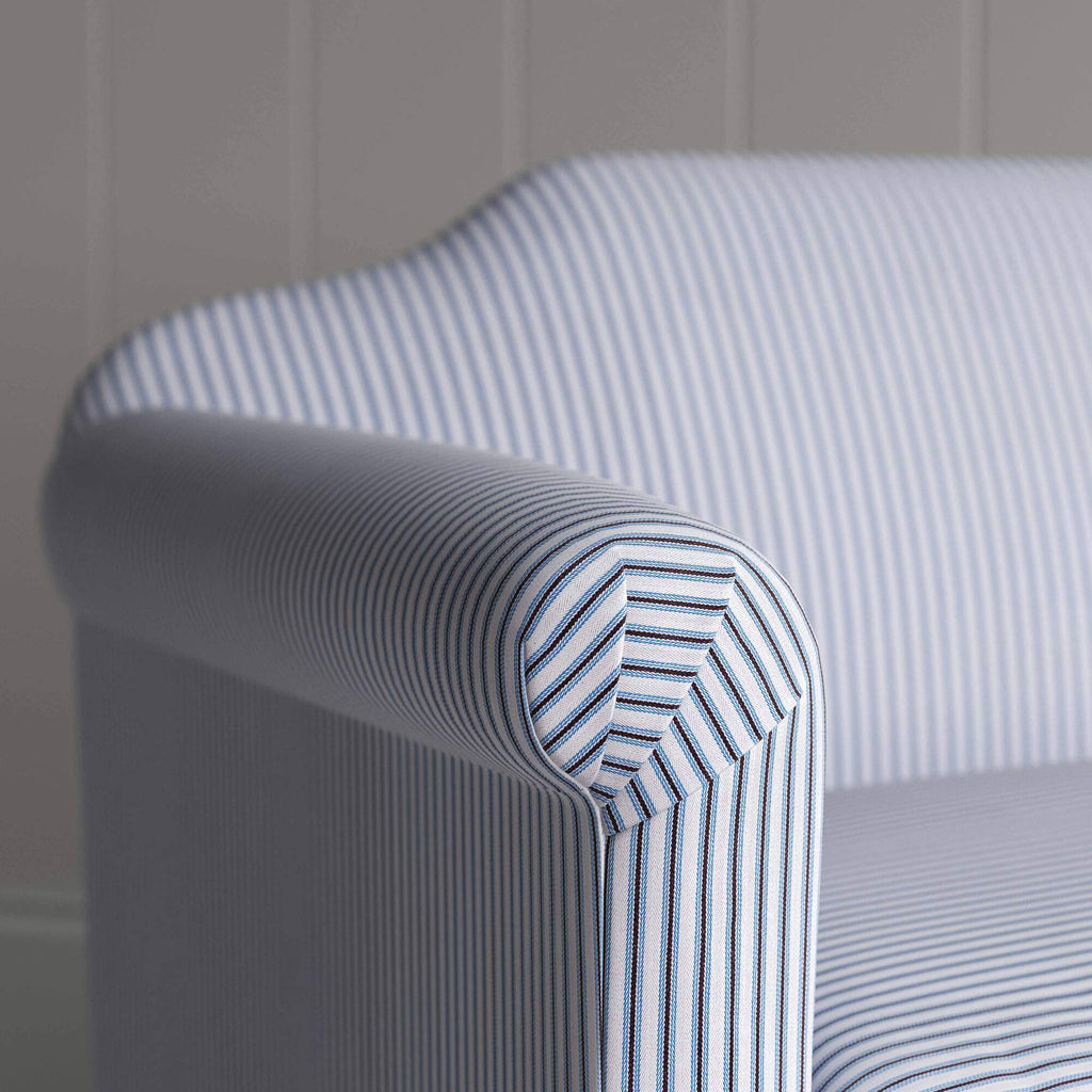  Dolittle in Ticking Cotton, Aqua Brown, Arm Design Closeup - Nicola Harding 