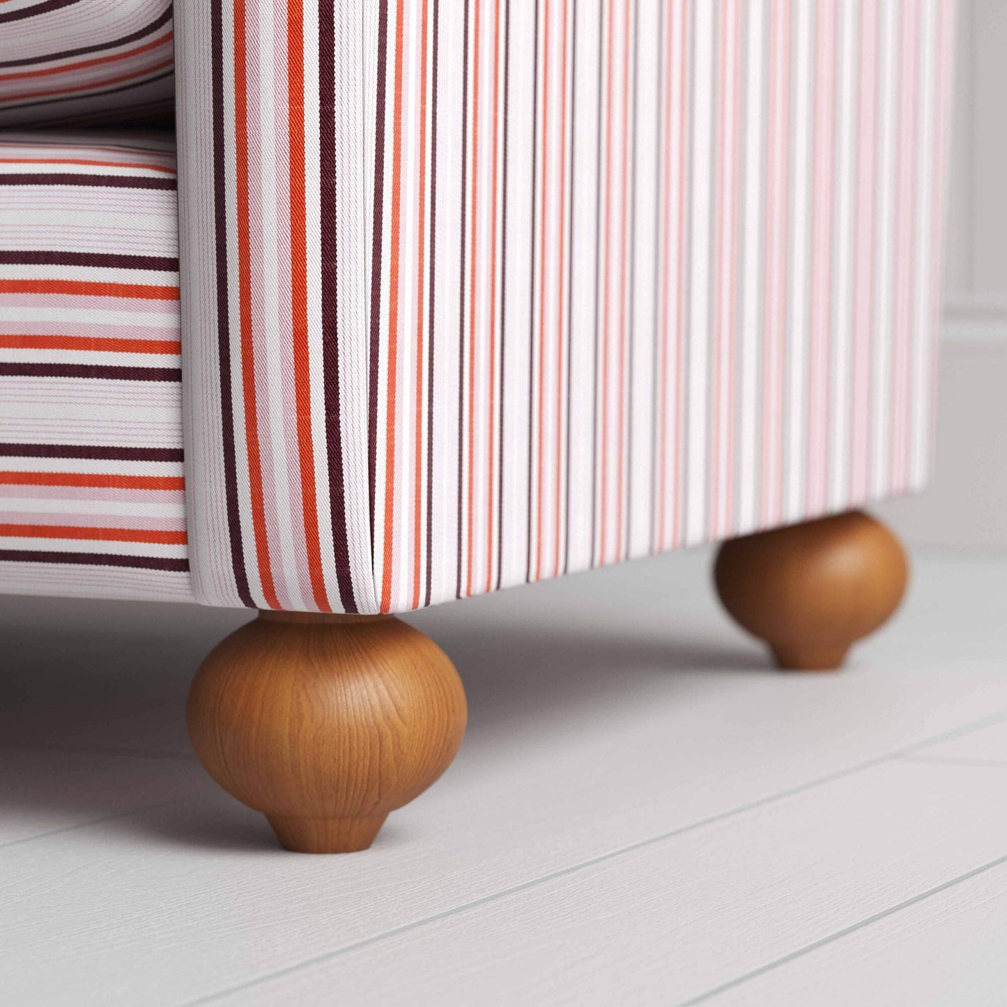 NiX Seating in Slow Lane Cotton Linen, Berry, Wooden Feet Design Closeup - Nicola Harding