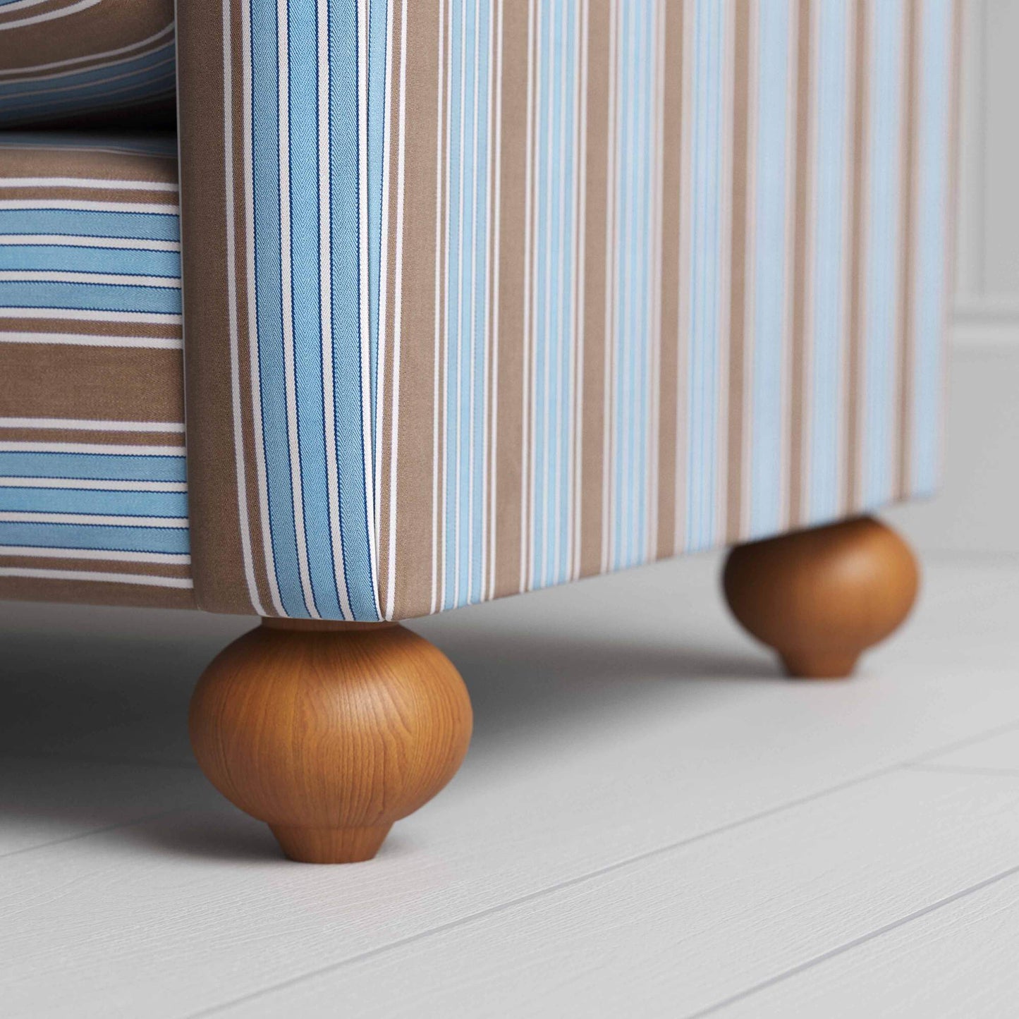 Wooden Foot Design Closeup of NiX Seating in Regatta Cotton, Blue, – Nicola Harding & Co