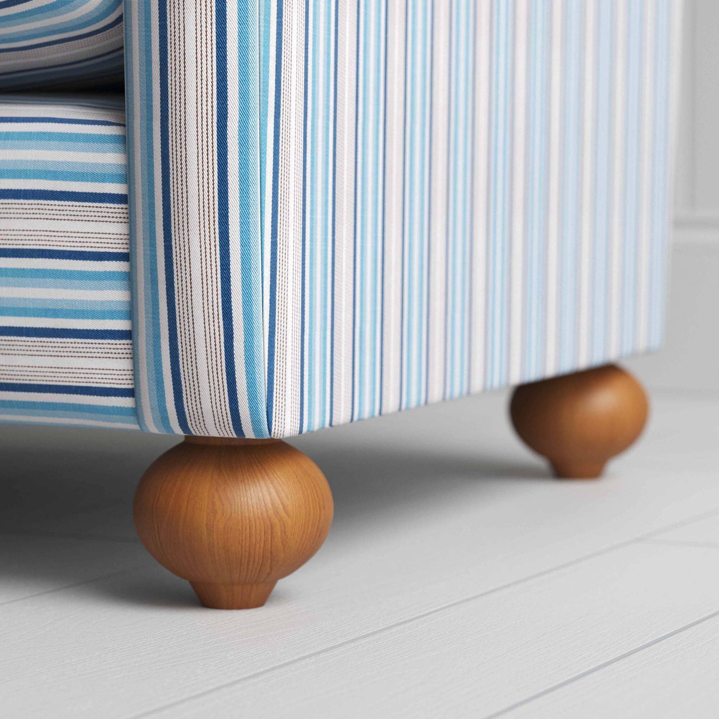 Dolittle NiX Seating in Ticking Cotton, Aqua Brown, Wooden Foot Design Closeup - Nicola Harding