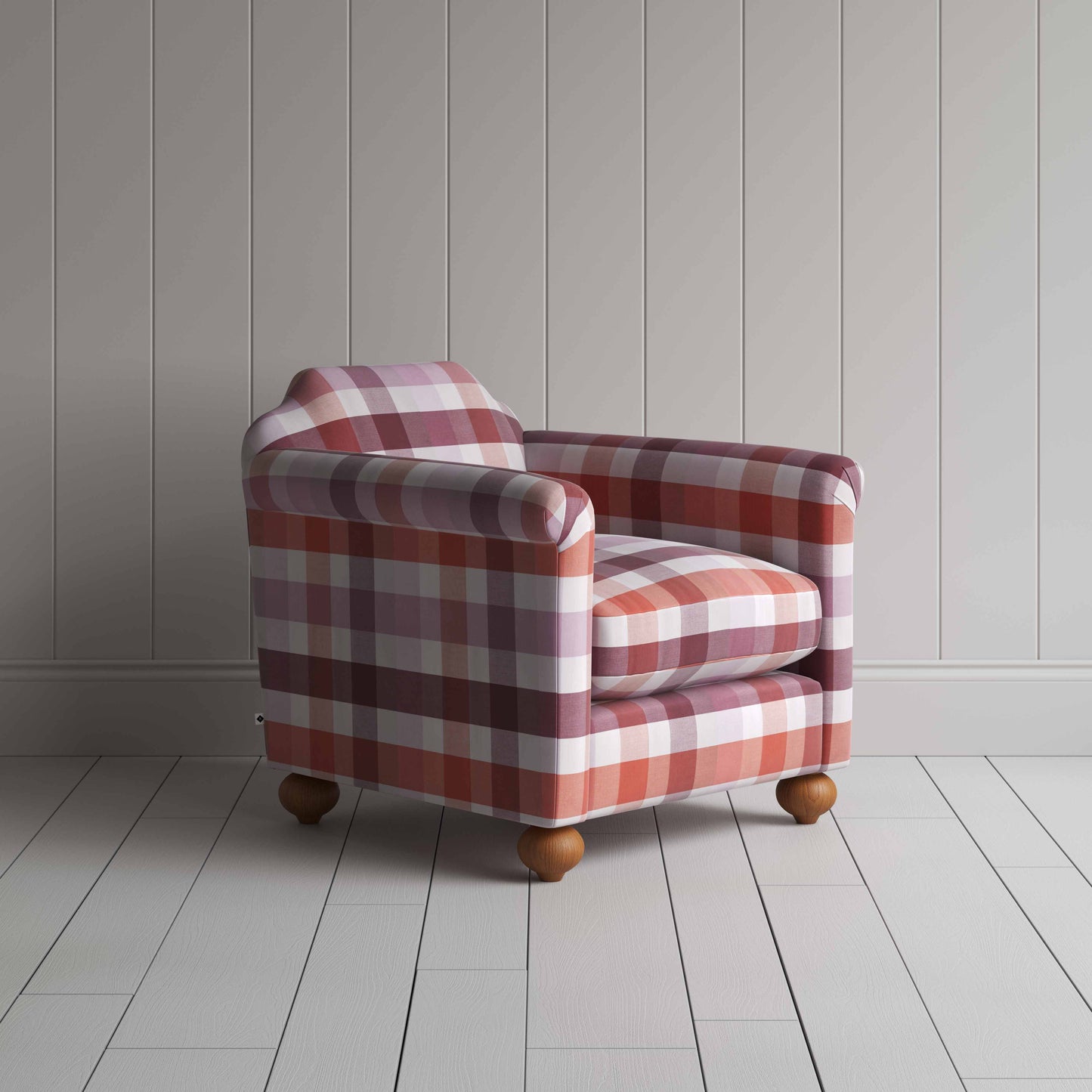 Dolittle Armchair in Checkmate Cotton, Berry - Nicola Harding