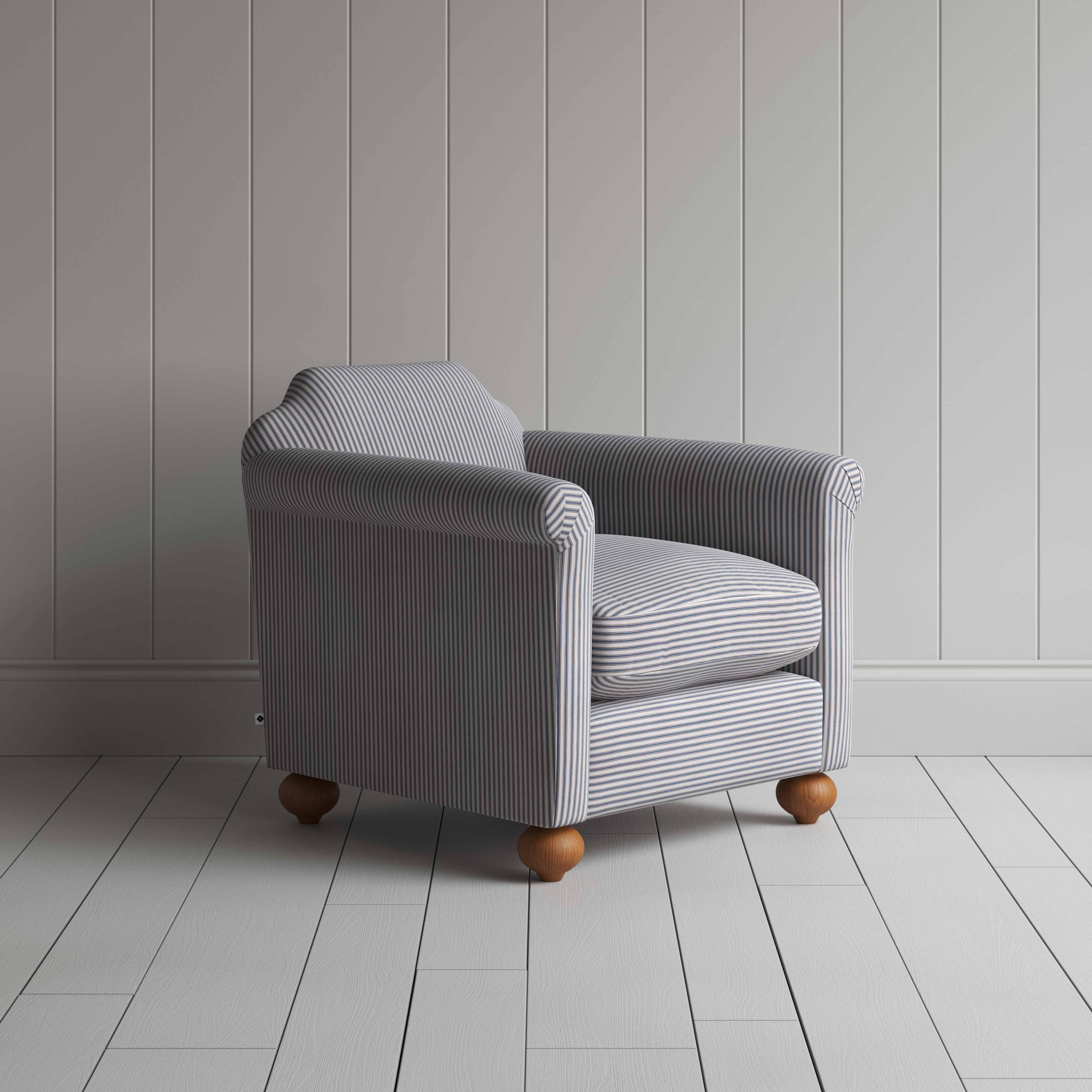  Dolittle Armchair in Ticking Cotton, Blue Brown - Nicola Harding 