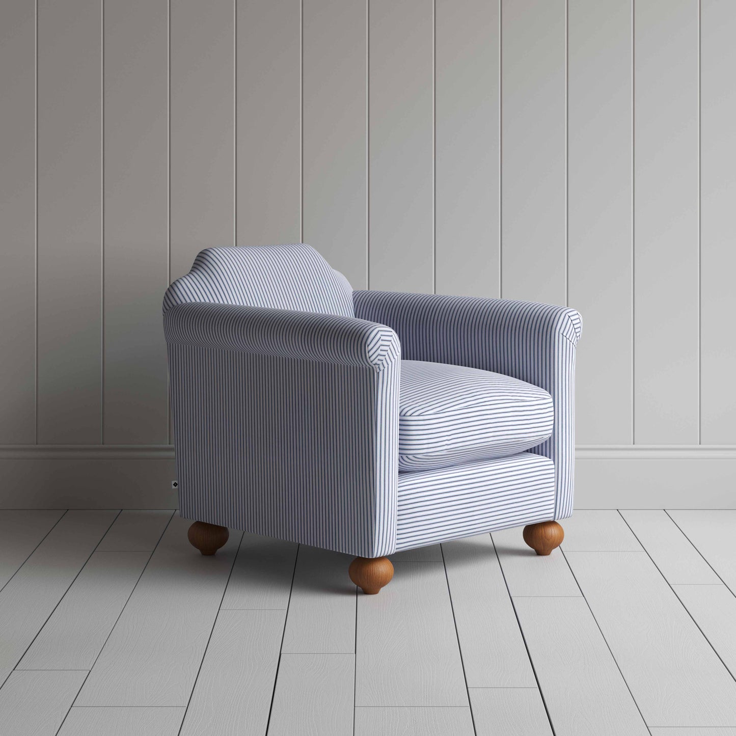 Dolittle Armchair in Ticking Cotton, Aqua Brown - Nicola Harding