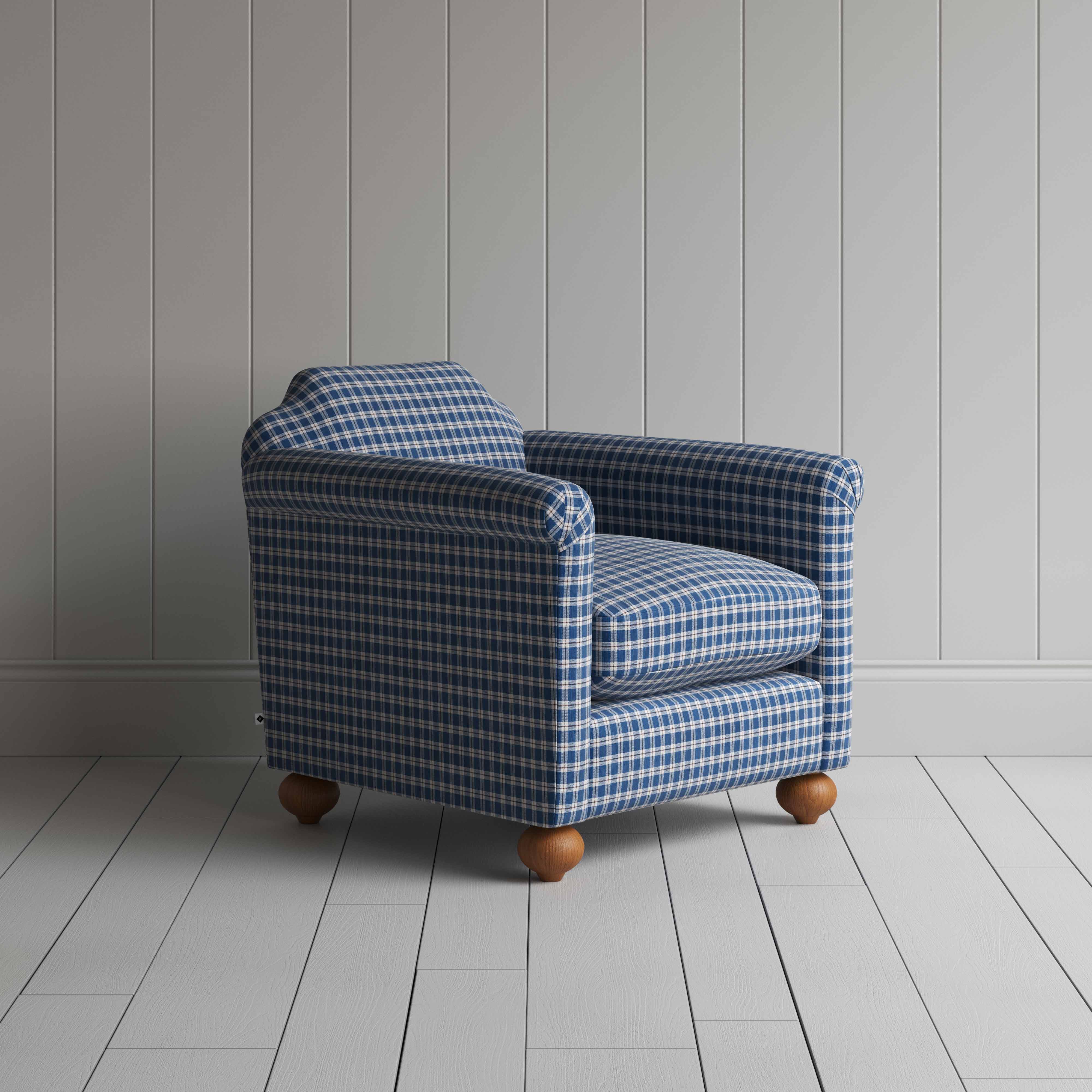  Dolittle Armchair in Well Plaid Cotton, Blue Brown - Nicola Harding 