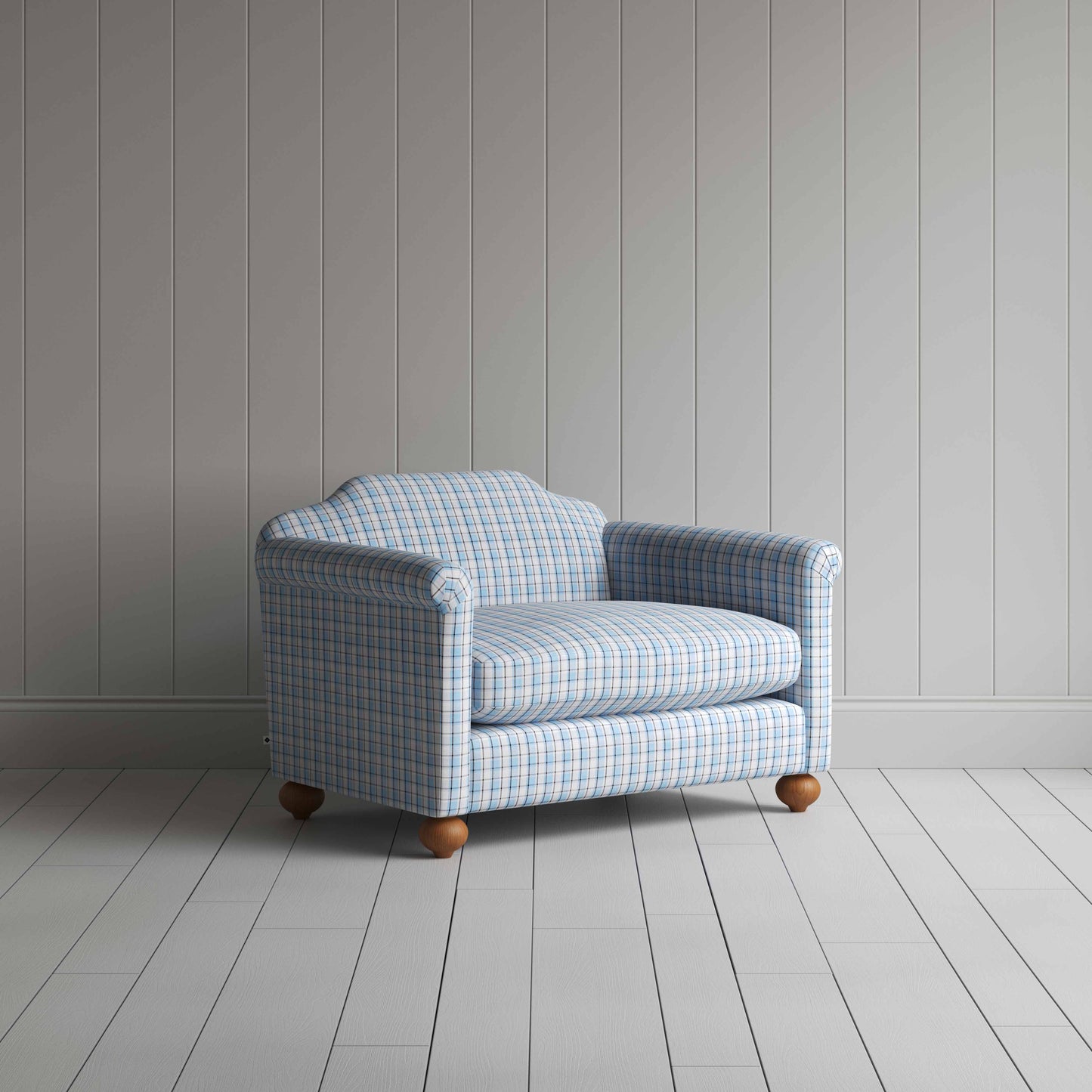 Dolittle Love Seat in Square Deal Cotton, Blue Brown