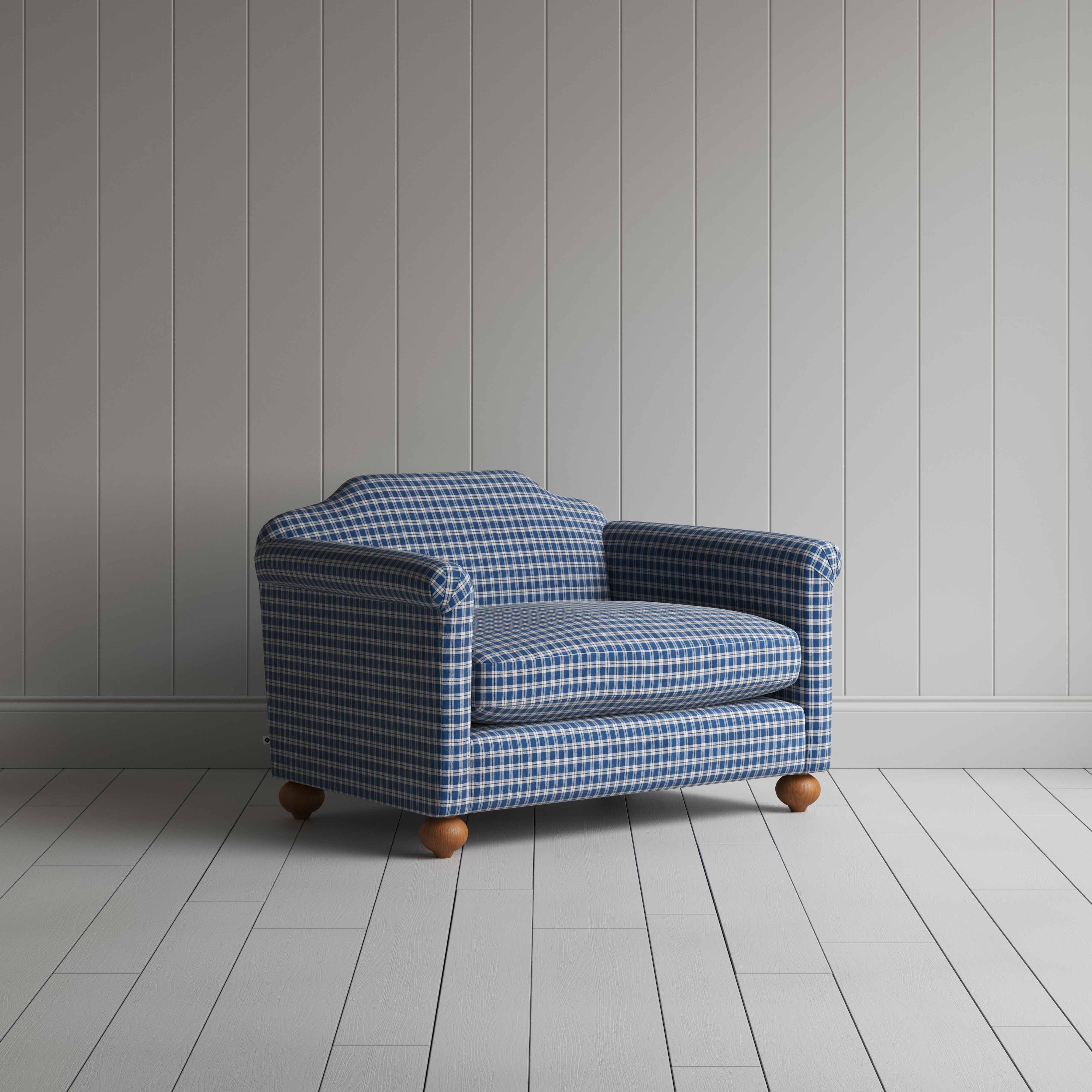  Dolittle Love Seat in Well Plaid Cotton, Blue Brown - Nicola Harding 