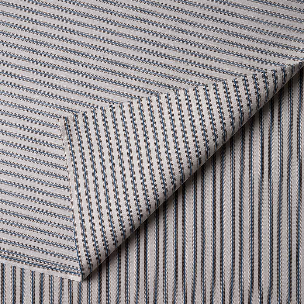  Front Row 3 Seater Upholstered Bench in Laidback Linen Dove Frame and Ticking Cotton Blue Brown Seat - Nicola Harding 