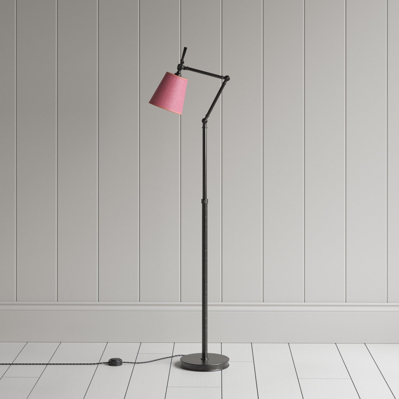  Focused Floor Lamp in Waxed Brass, With Focused Empire Paper Lamp Shade in Burgundy with Muted Pink Trim - By NiX 