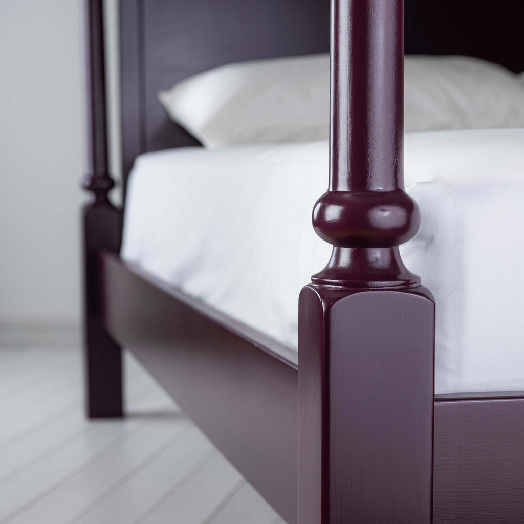  Folly Four Poster Bed in Plum | Leg Design Closeup - By Nicola Harding & Co. 