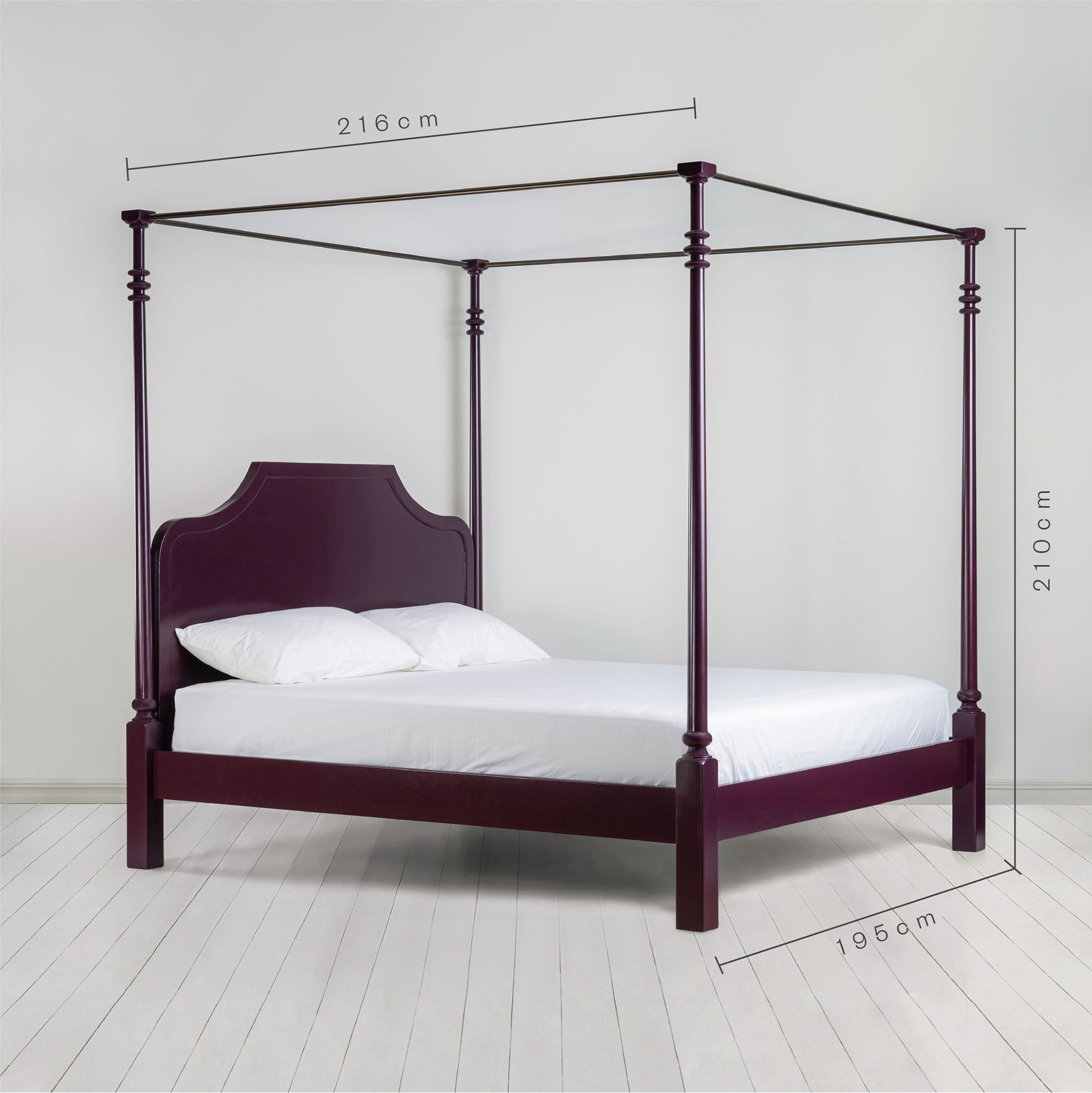  Folly Four Poster Bed in Plum | Dimensions: Height 210 cm, Width 195 cm, Length 216 cm (Super King Size) - By Nicola Harding & Co. 