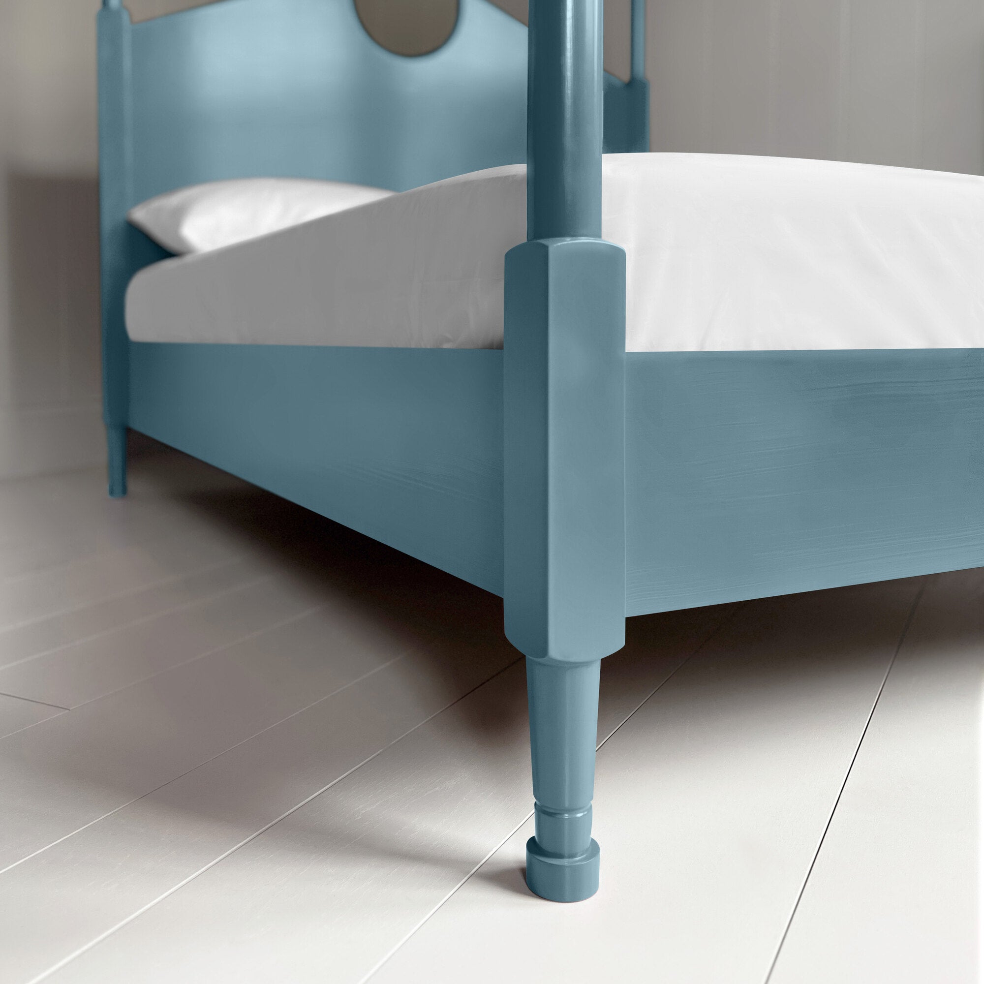  Base Foot Design Closeup of Marine Blue Four Poster Bed Manufactured in London, UK By NiX Studio 
