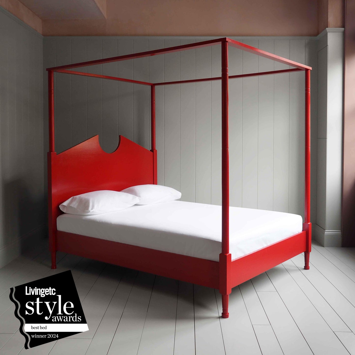 Out for the Count Four Poster Bed in Ruby Red Award Winner from Livingetc Style Awards of best bed 2024 - NiX