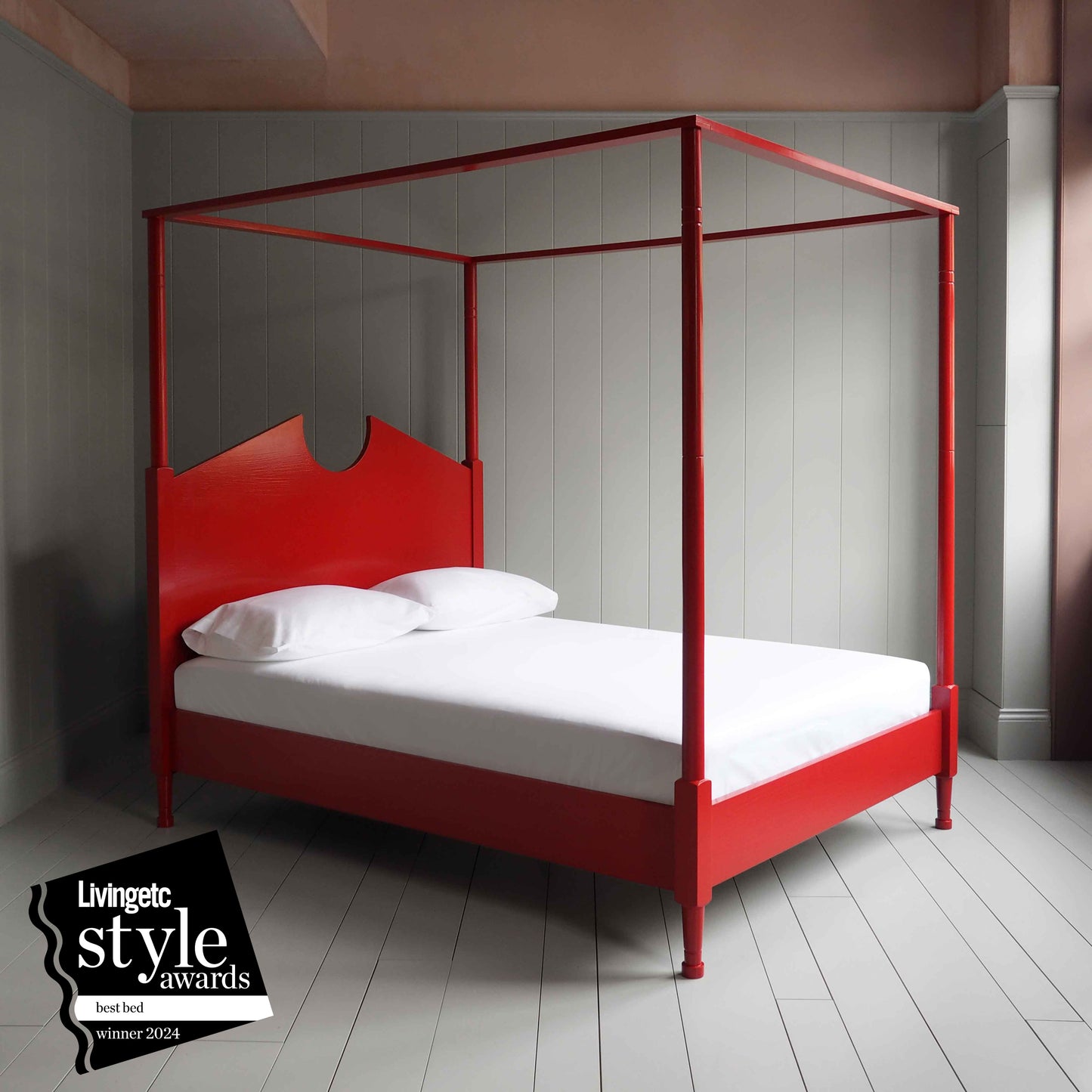 Out for the Count Four Poster Bed in Ruby Red Award Winner from Livingetc Style Awards of best bed 2024 - NiX