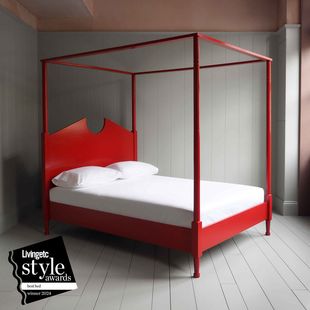  Out for the Count Four Poster Bed in Ruby Red Award Winner from Livingetc Style Awards of best bed 2024 - NiX 