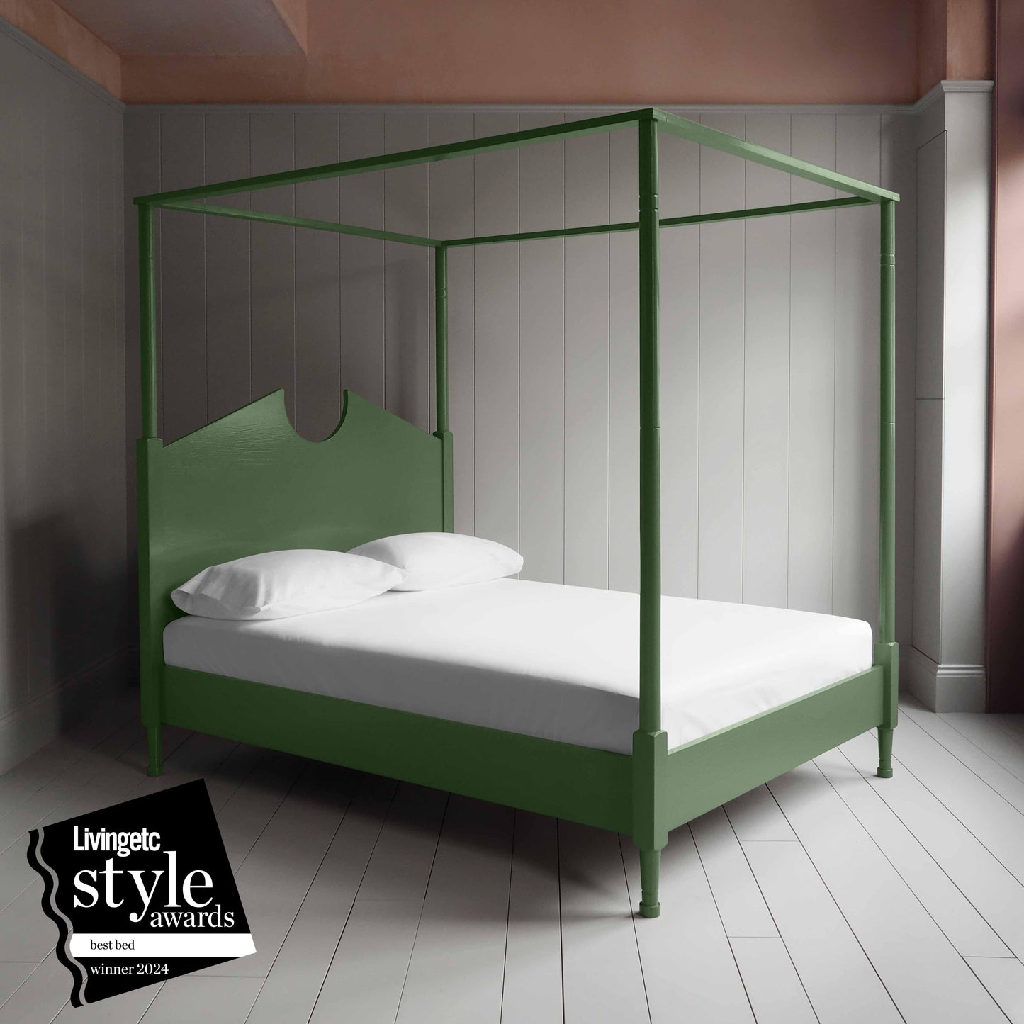 Out for the Count Four Poster Bed in Sage Green Award Winner from Livingetc Style Awards of best bed 2024 - NiX