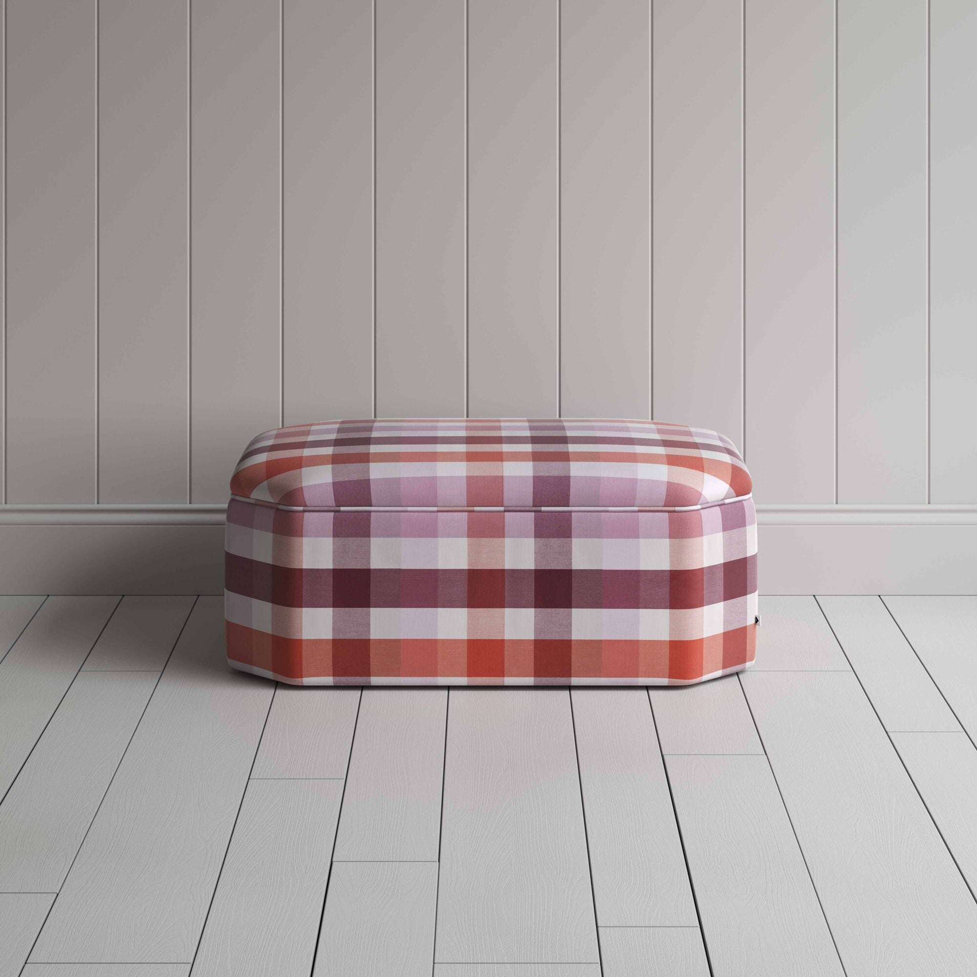  Ottoman in Checkmate Cotton, Berry, Front View - Nicola Harding 