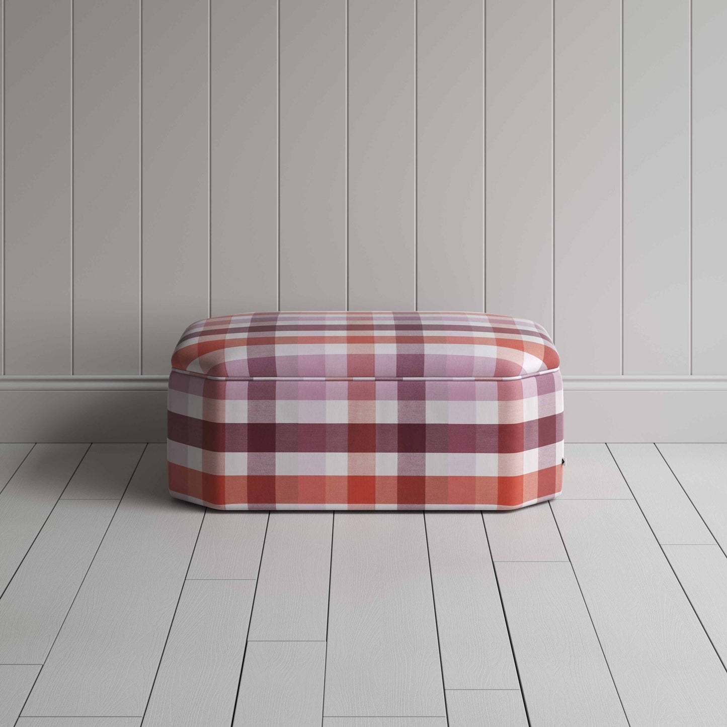 Ottoman in Checkmate Cotton, Berry, Front View - Nicola Harding