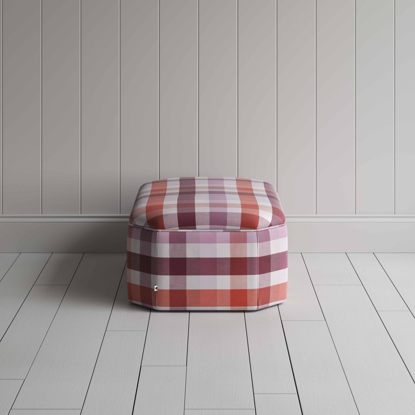 Hither Hexagonal Ottoman in Checkmate Cotton, Berry - Nicola Harding