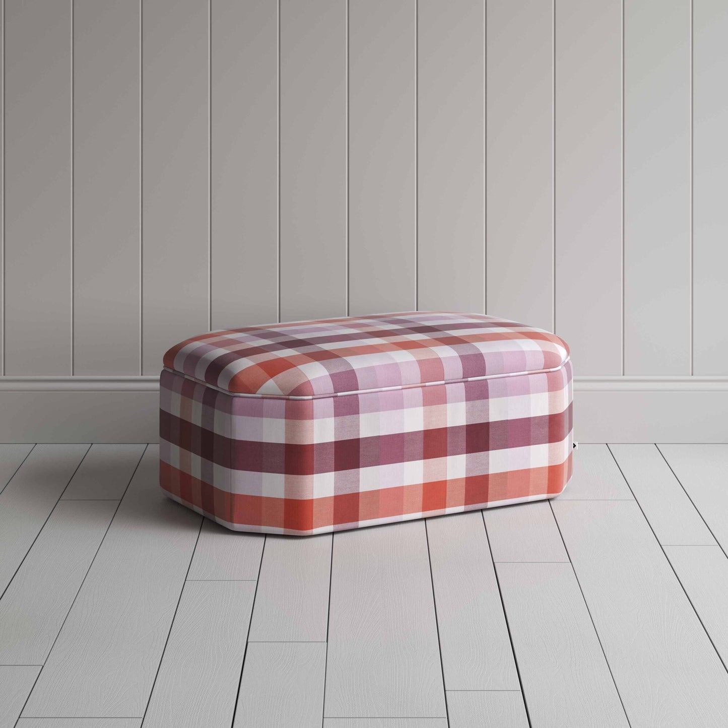 Hither Hexagonal Ottoman in Checkmate Cotton, Berry - Nicola Harding