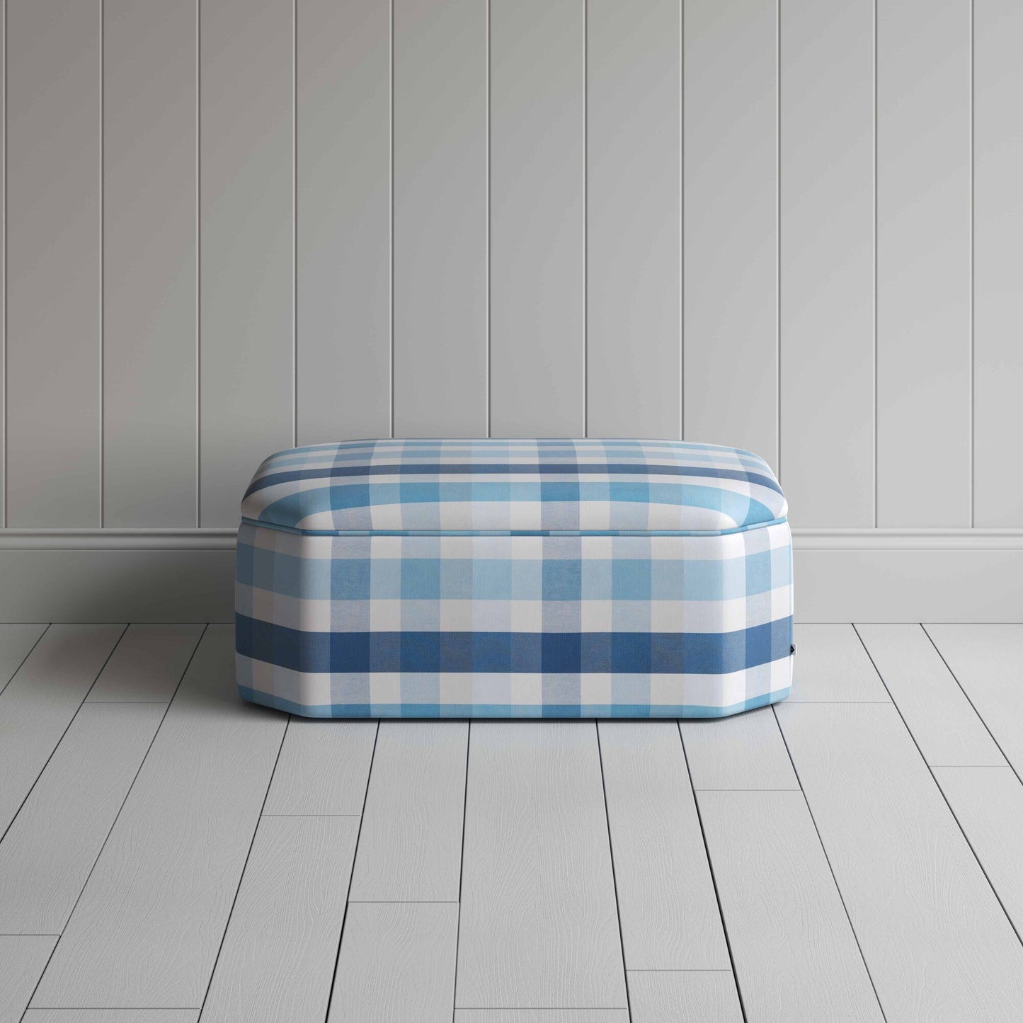 Hither Hexagonal Ottoman in Checkmate Cotton, Blue - Nicola Harding