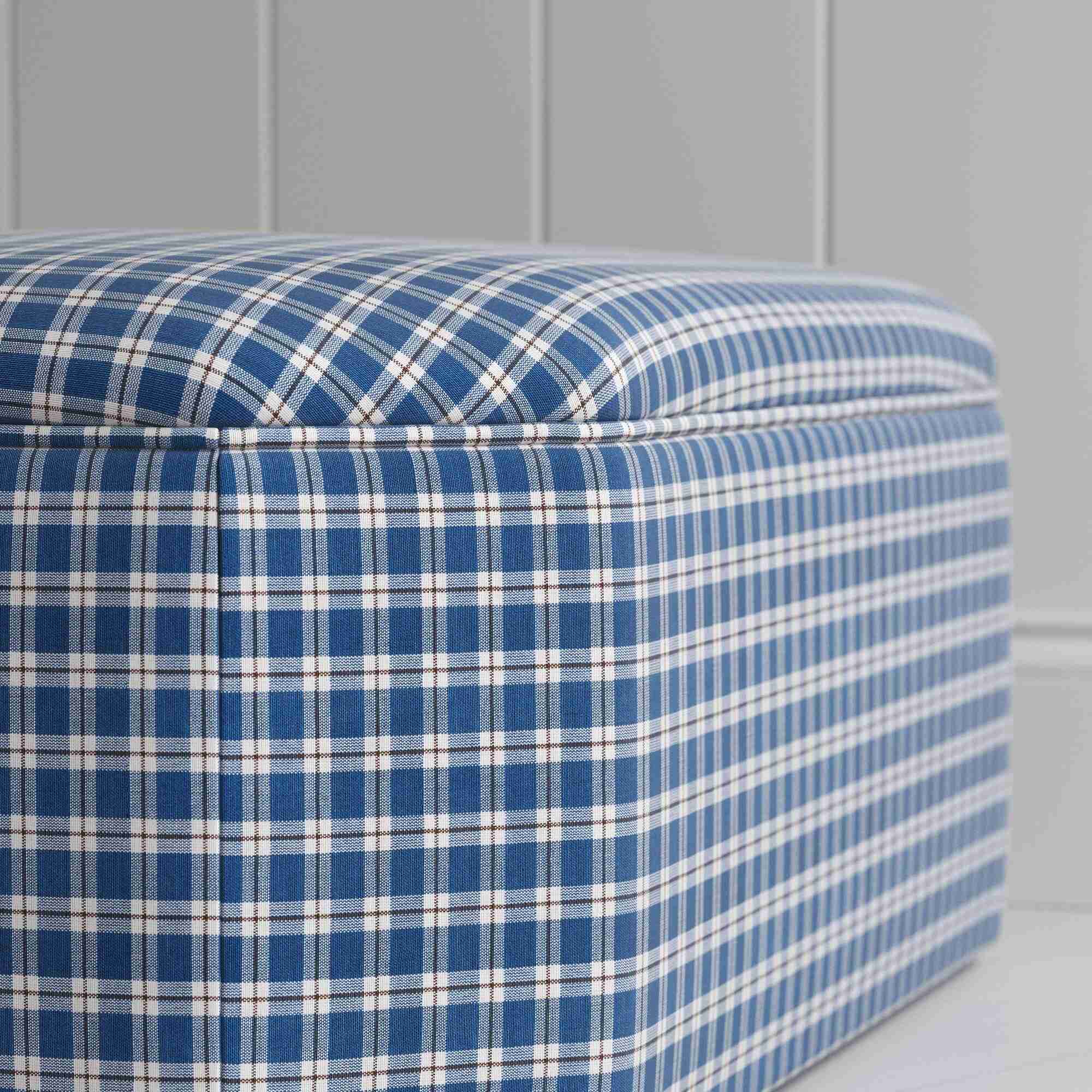  Design Closeup of Ottoman in Well Plaid Cotton, Blue Brown 