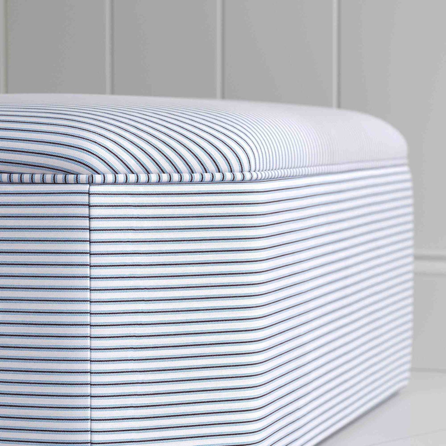 Design Closeup of Ottoman in Ticking Cotton, Aqua Brown - NiX