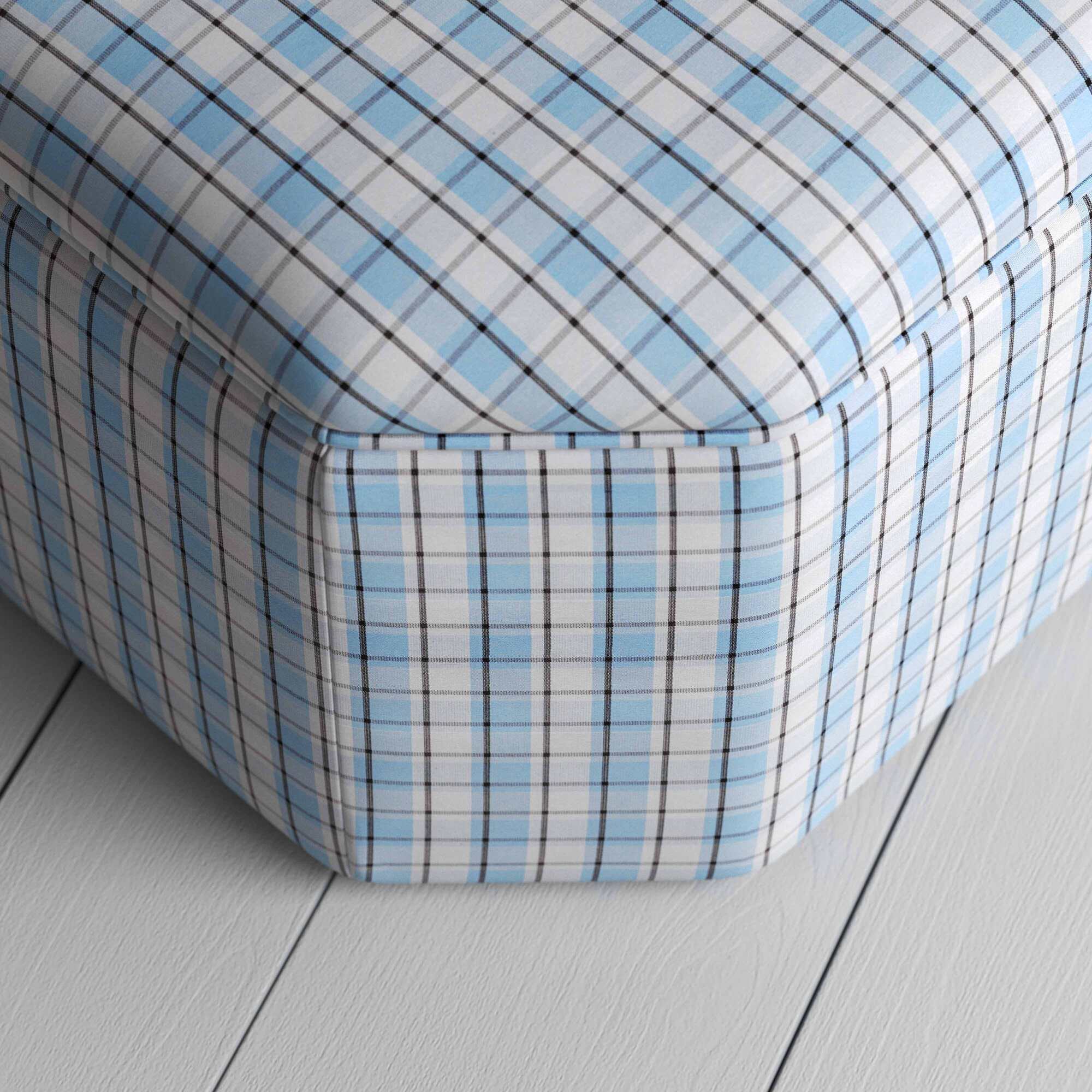  Hither Hexagonal Ottoman in Square Deal Cotton, Blue Brown - Nicola Harding 