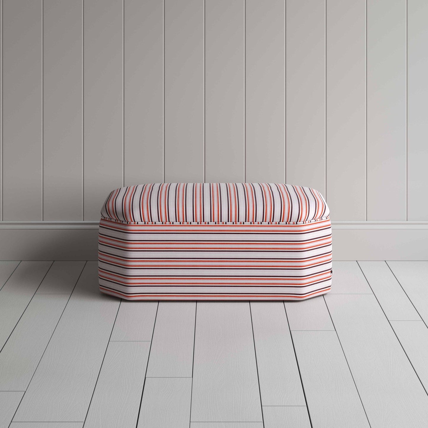 Front View of Ottoman in Slow Lane Cotton Linen, Berry - By Nicola Harding & Co.