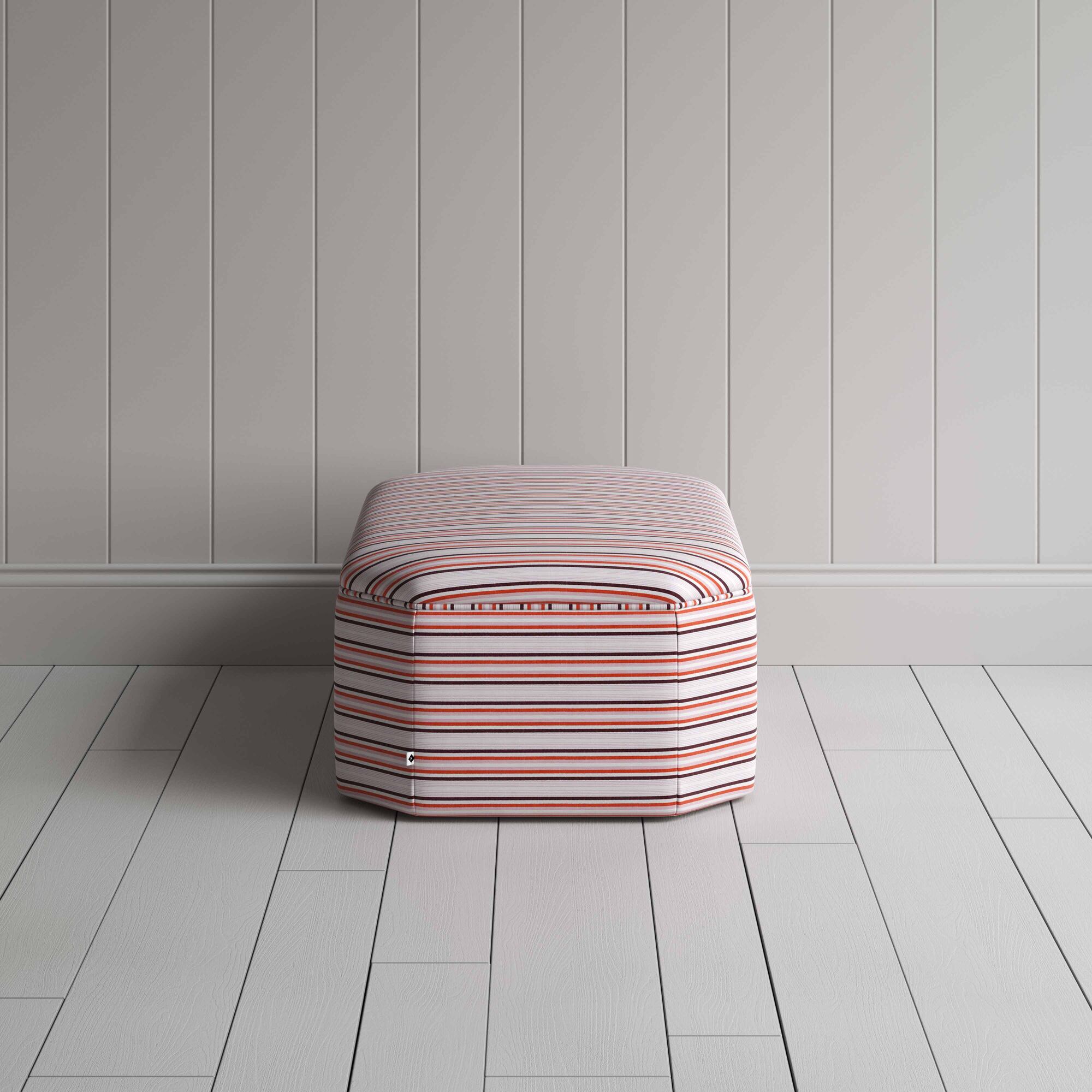  Hither Hexagonal Ottoman in Slow Lane Cotton Linen, Berry - Nicola Harding 