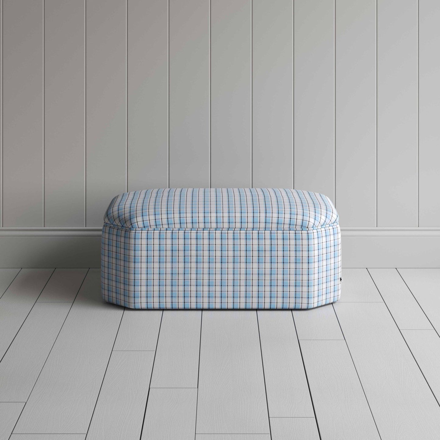 Hither Hexagonal Ottoman in Square Deal Cotton, Blue Brown - Nicola Harding