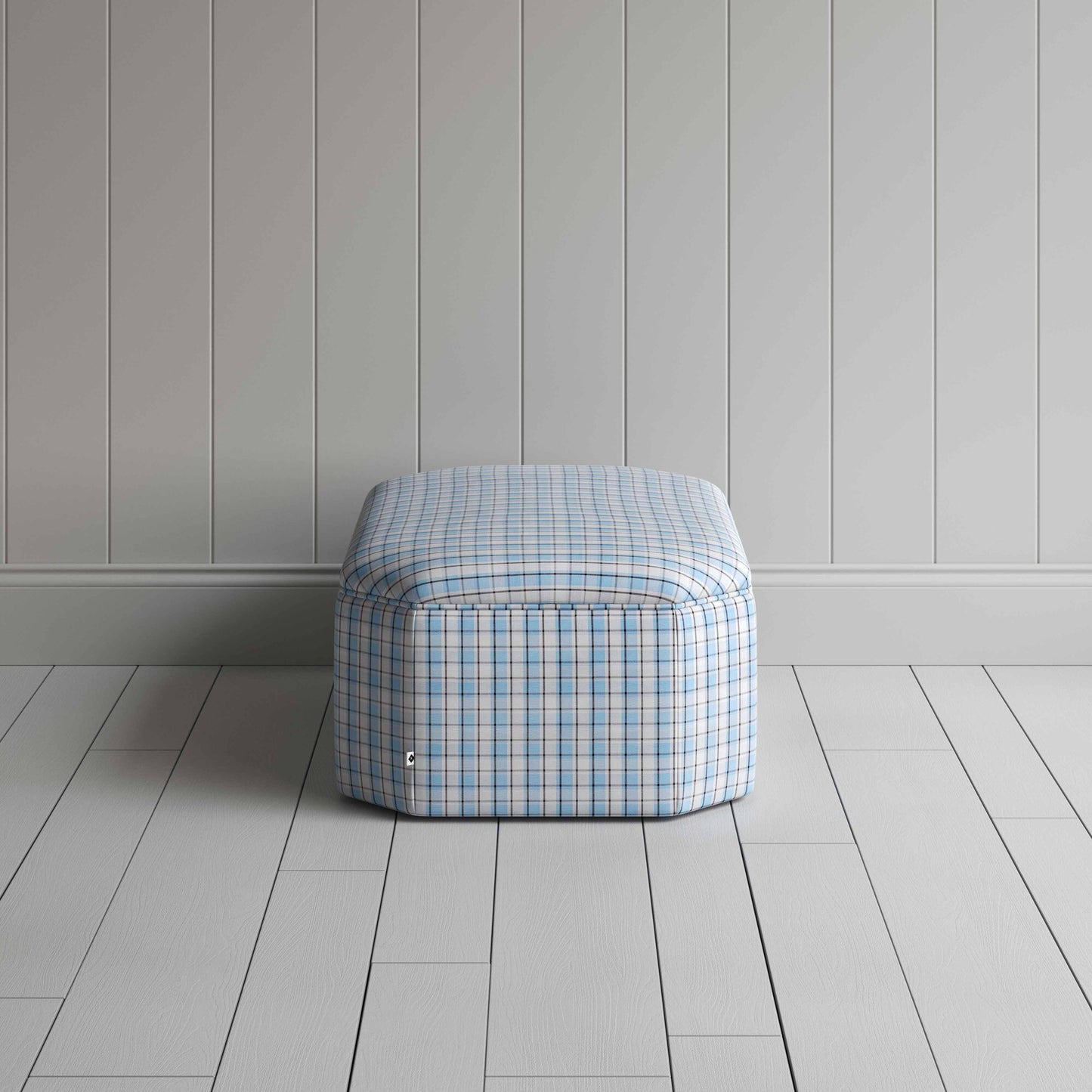 Side View of Ottoman in Square Deal Cotton, Blue Brown - By NiX