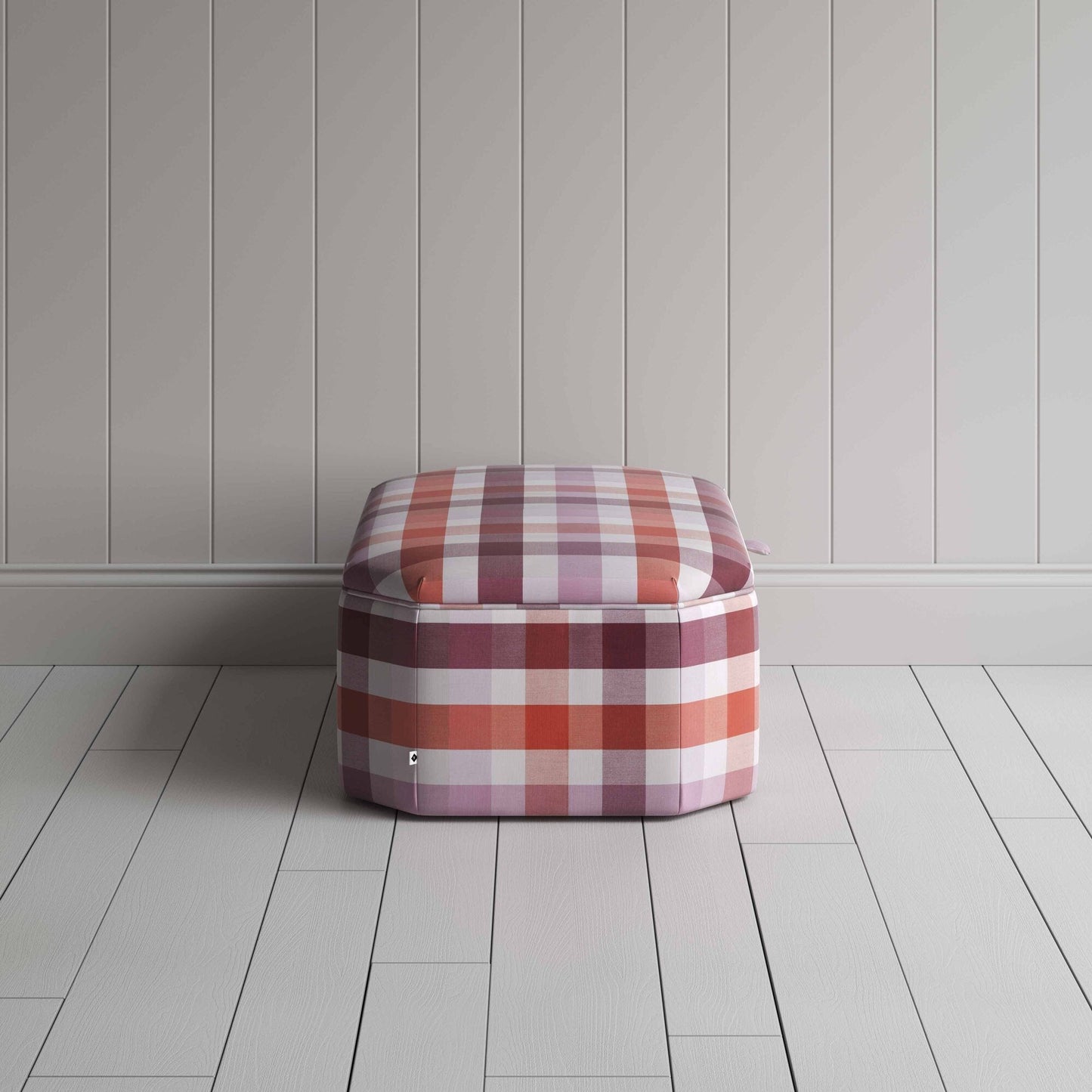 Side View of Storage Ottoman in Checkmate Cotton, Berry - NiX Studio
