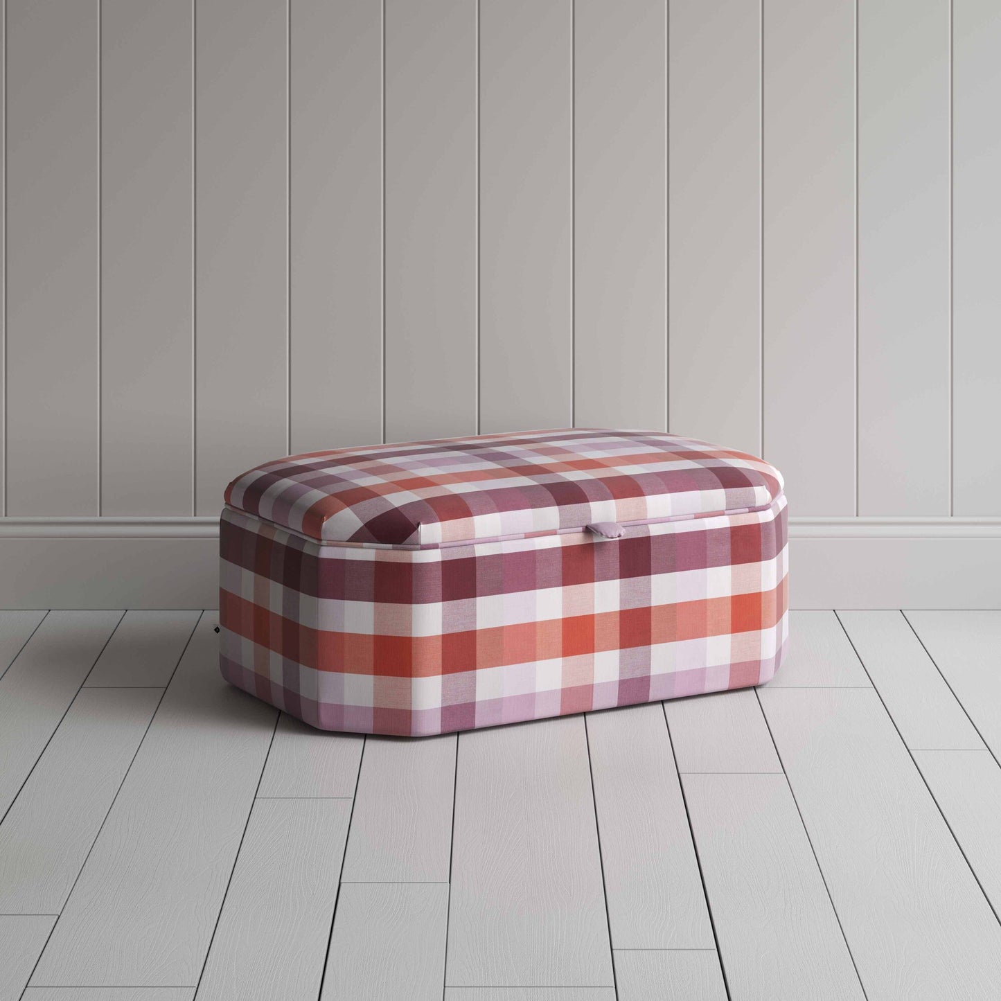 Hither Hexagonal Storage Ottoman in Checkmate Cotton, Berry - Nicola Harding