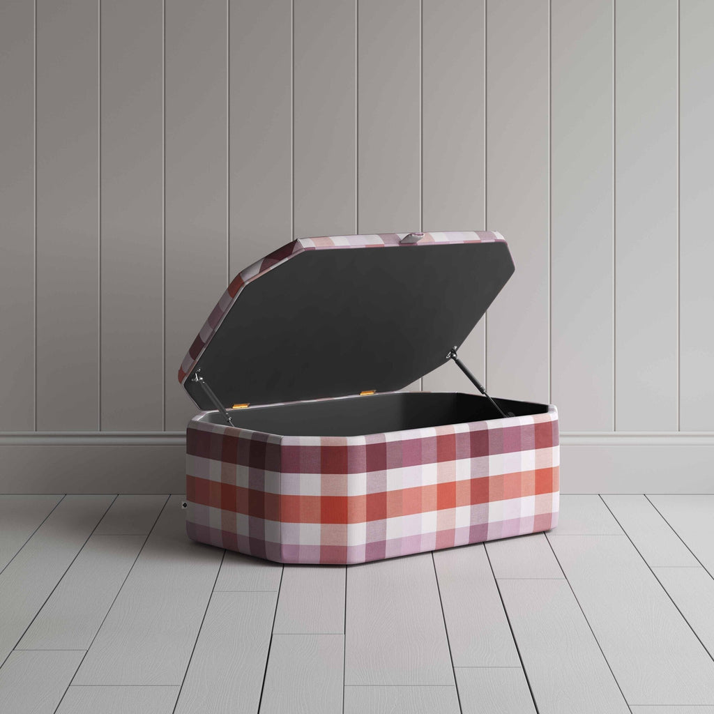  Hither Hexagonal Storage Ottoman in Checkmate Cotton, Berry With Open Lid For Storage - Nicola Harding & Co. 