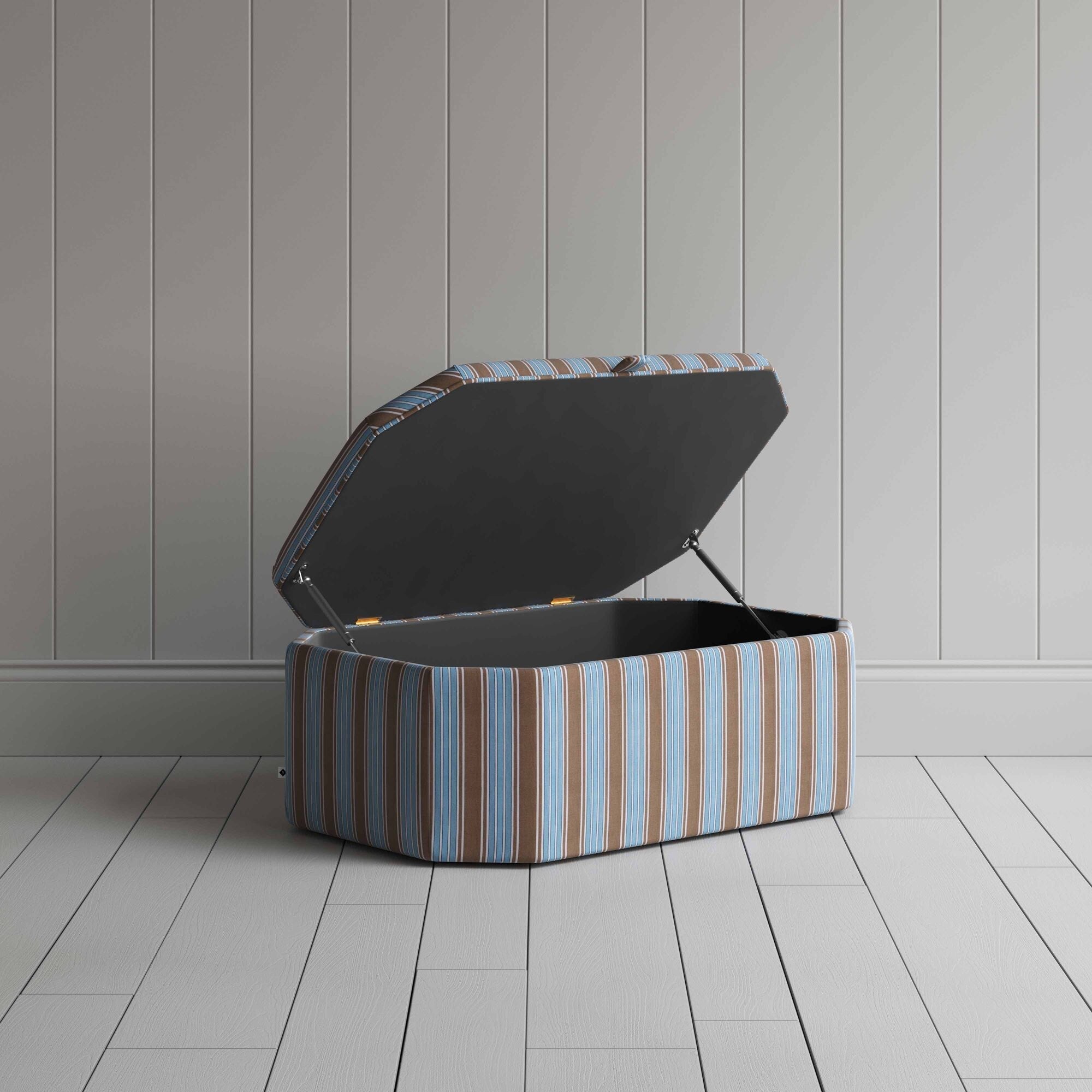  Hexagonal Storage Ottoman in Regatta Cotton, Blue With Open Lid for Storage - Nicola Harding 