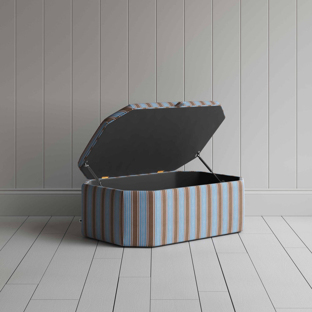  Hexagonal Storage Ottoman in Regatta Cotton, Blue With Open Lid for Storage - Nicola Harding 