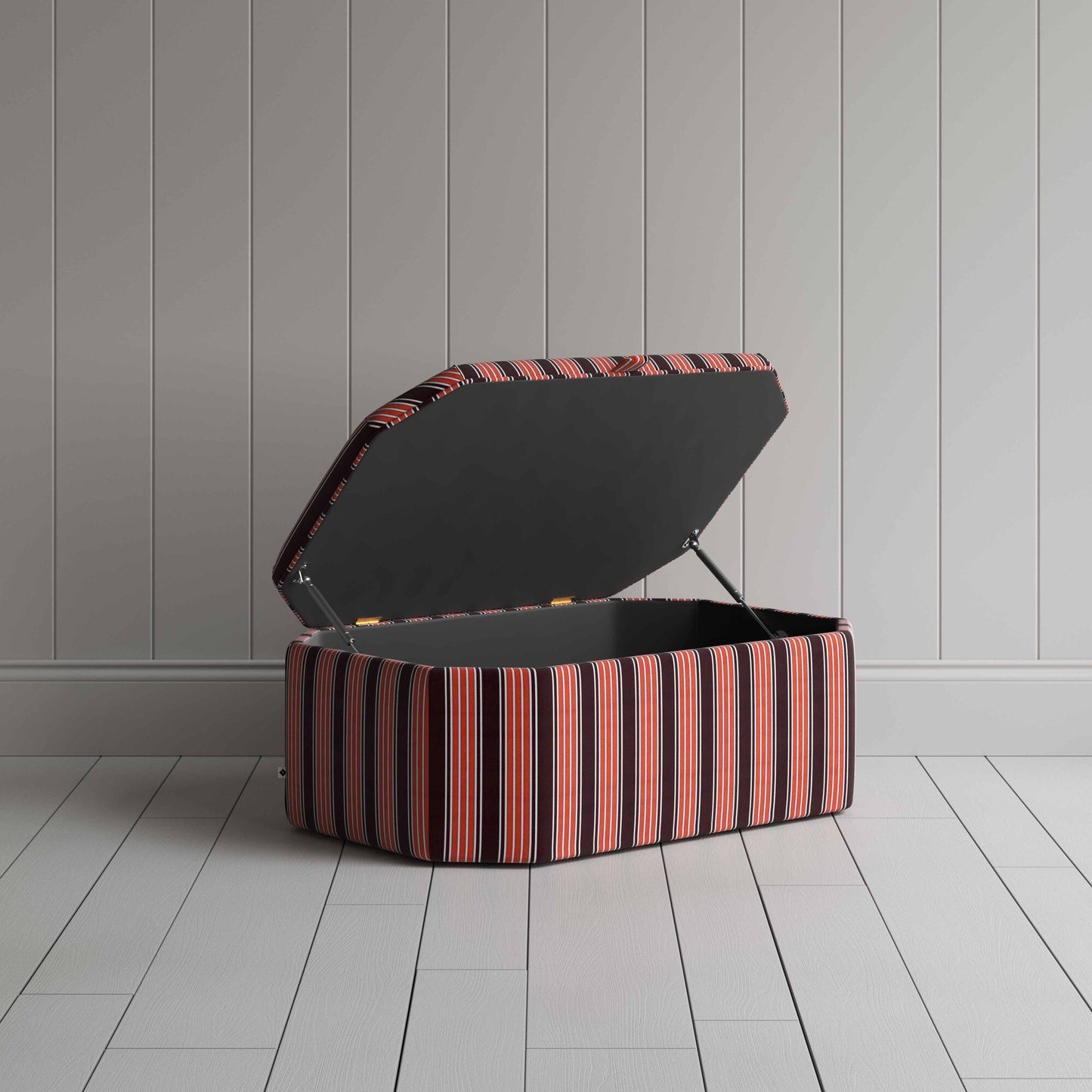 Hither Hexagonal Storage Ottoman in Regatta Cotton, Flame With Open Lid For Storage - Nicola Harding