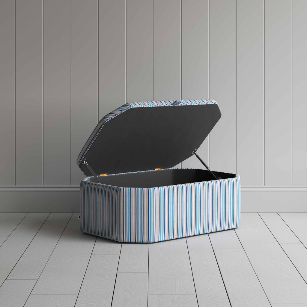  Hexagonal Storage Ottoman in Slow Lane Cotton Linen, Blue With Open Lid For Storage - NiX 