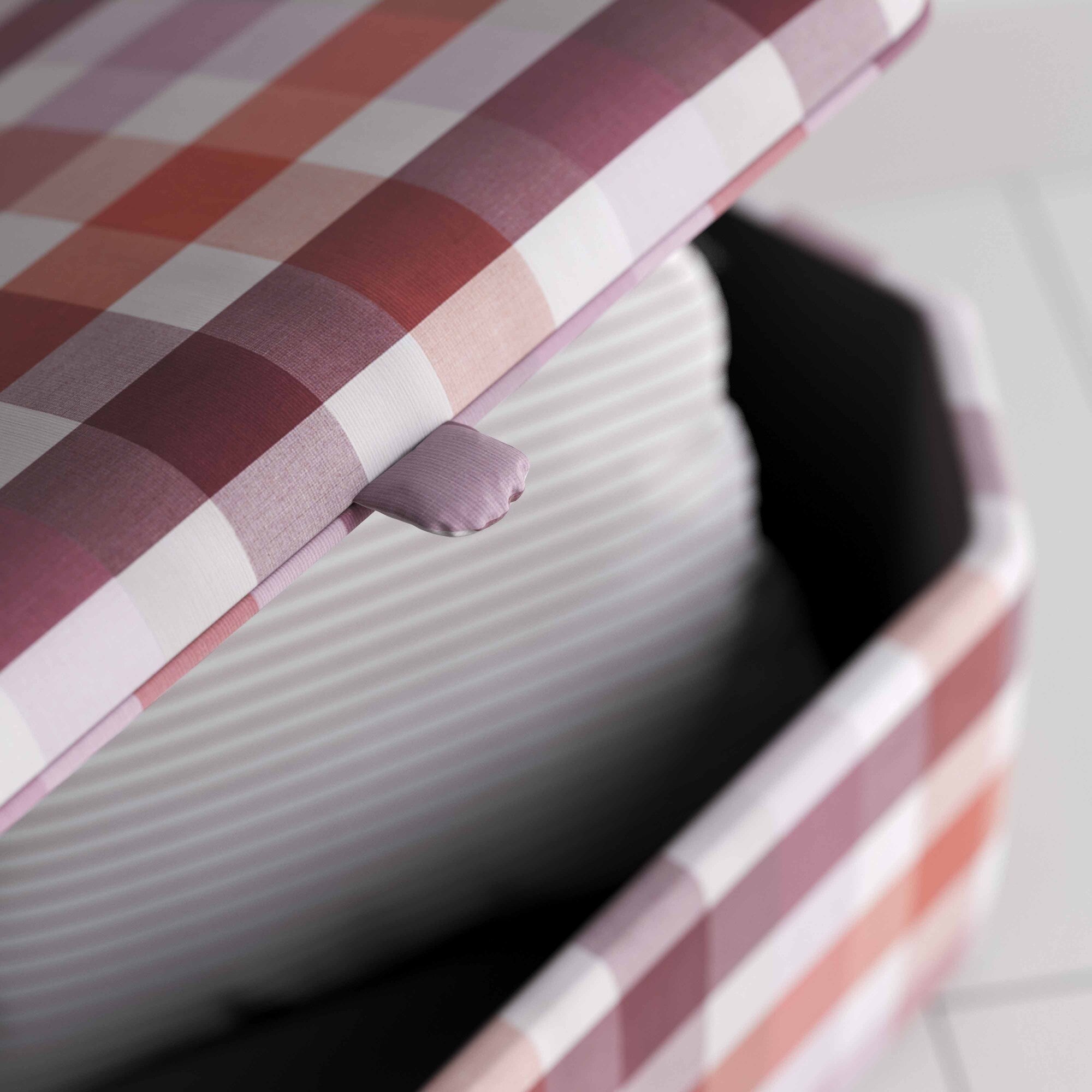  Closeup of Storage Ottoman in Checkmate Cotton, Berry - Nicola Harding 