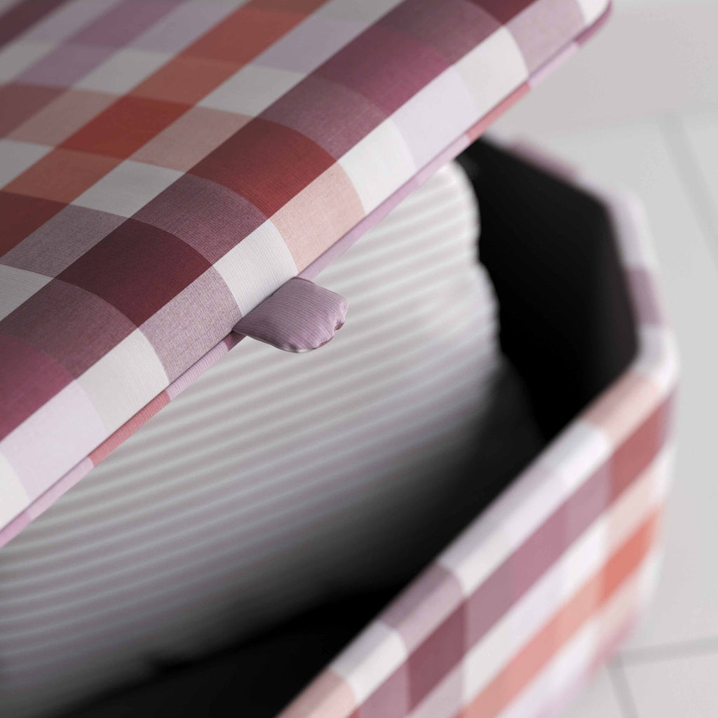  Closeup of Storage Ottoman in Checkmate Cotton, Berry - Nicola Harding 